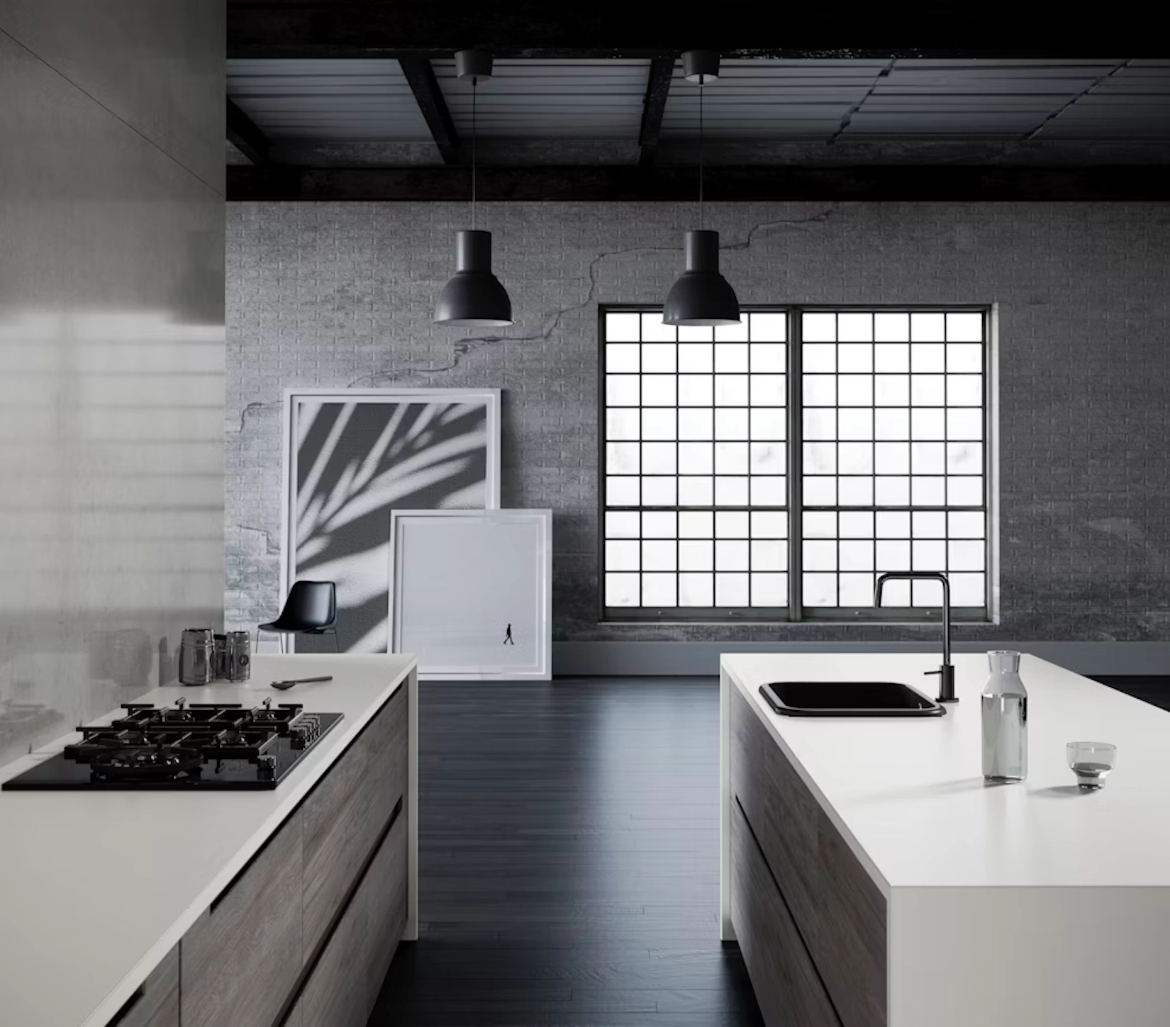 Handleless kitchen in a loft space with black cabinetry and white island