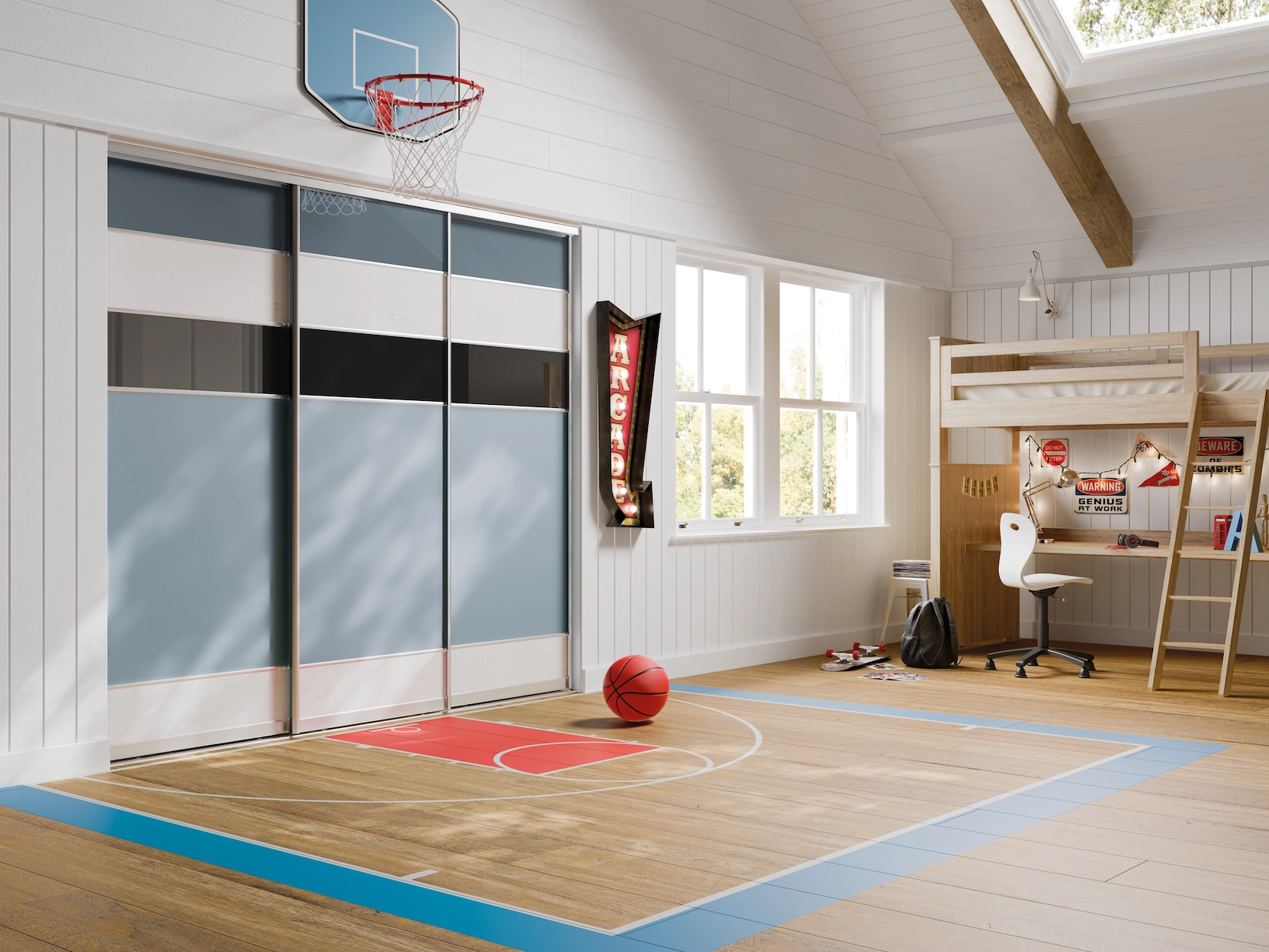 Sliding wardrobe doors in a childrens room with basketball court floor