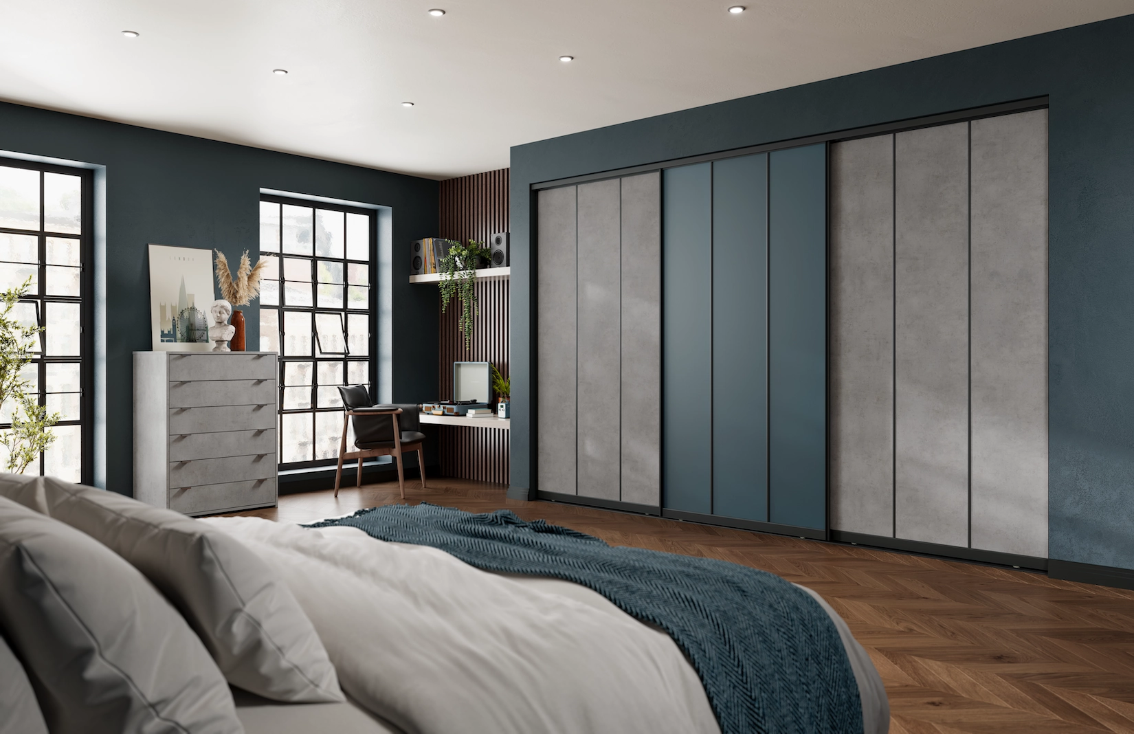 Blue sliding wardrobe doors in a bedroom with herringbone flooring