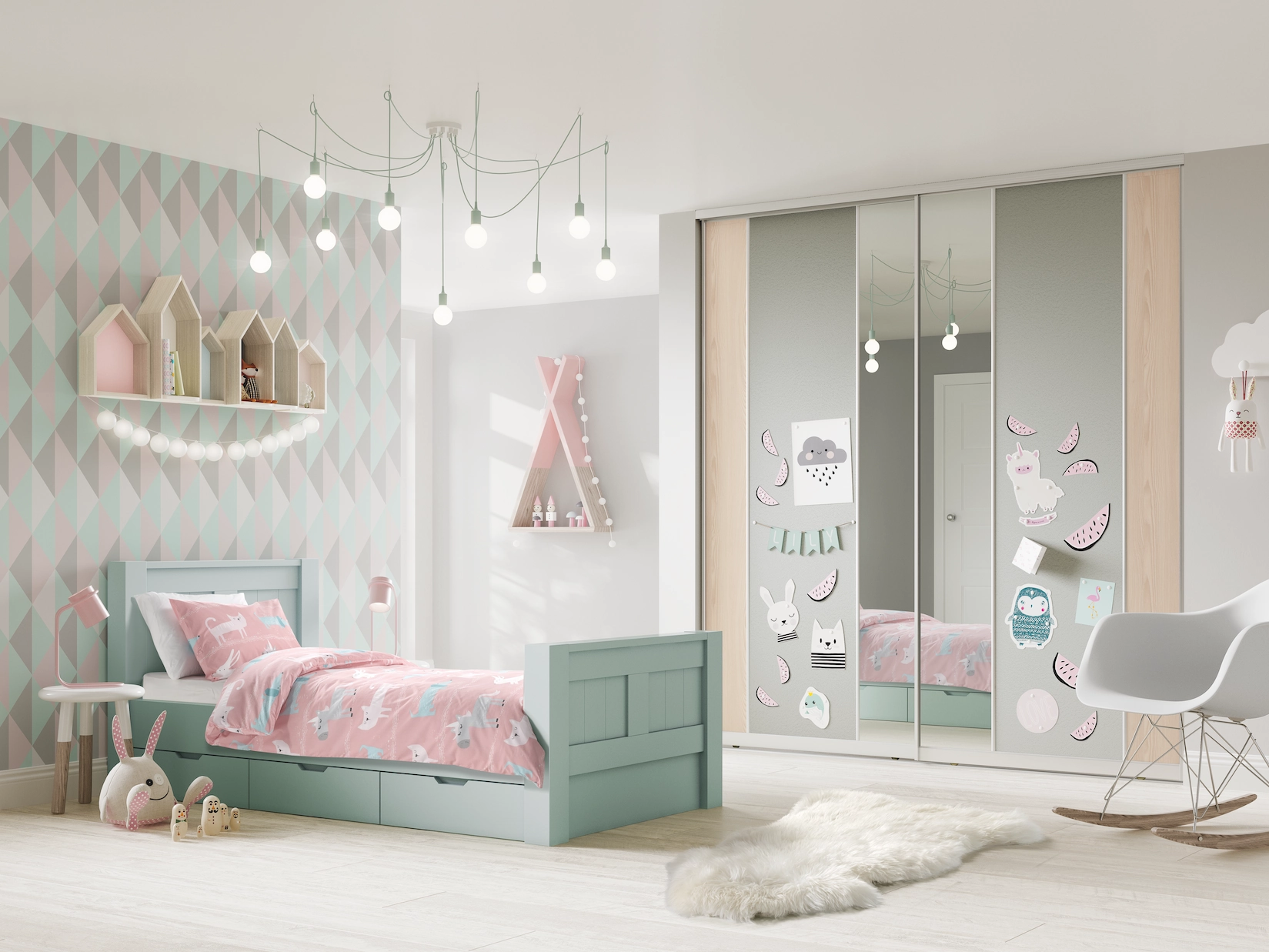 Mirrored sliding wardrobe doors in a childrens bedroom
