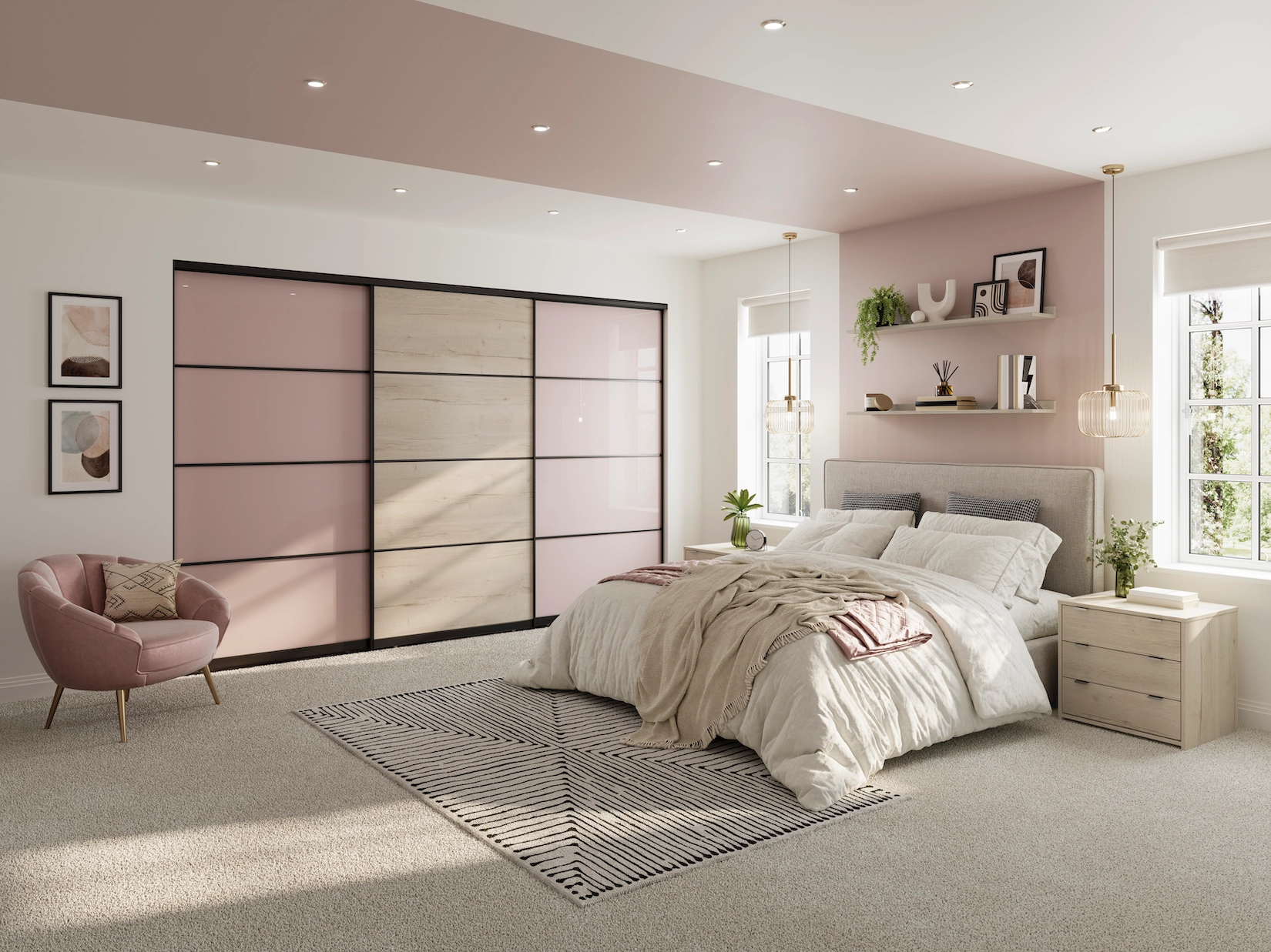 Pink and cream sliding wardrobe doors in a bedroom
