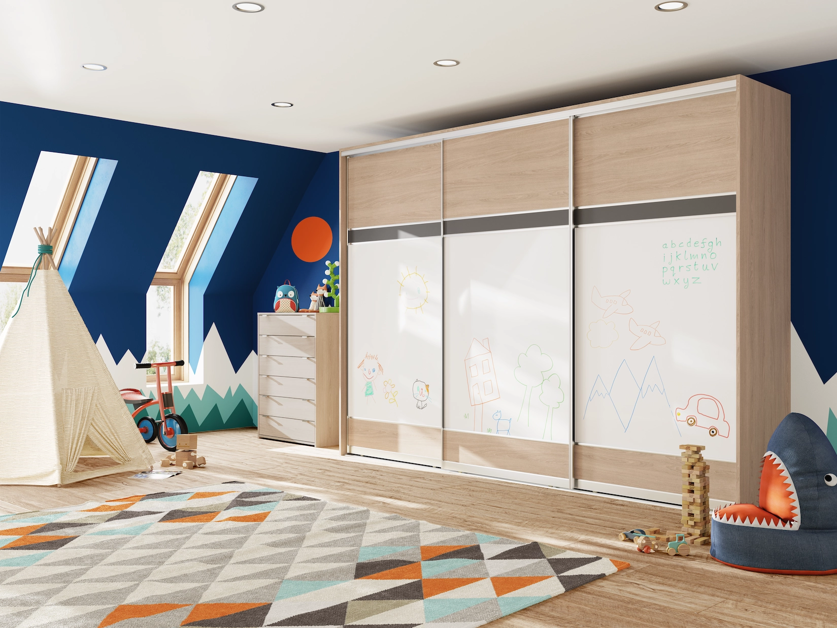 Sliding wardrobe doors in a childrens loft bedroom with play tent