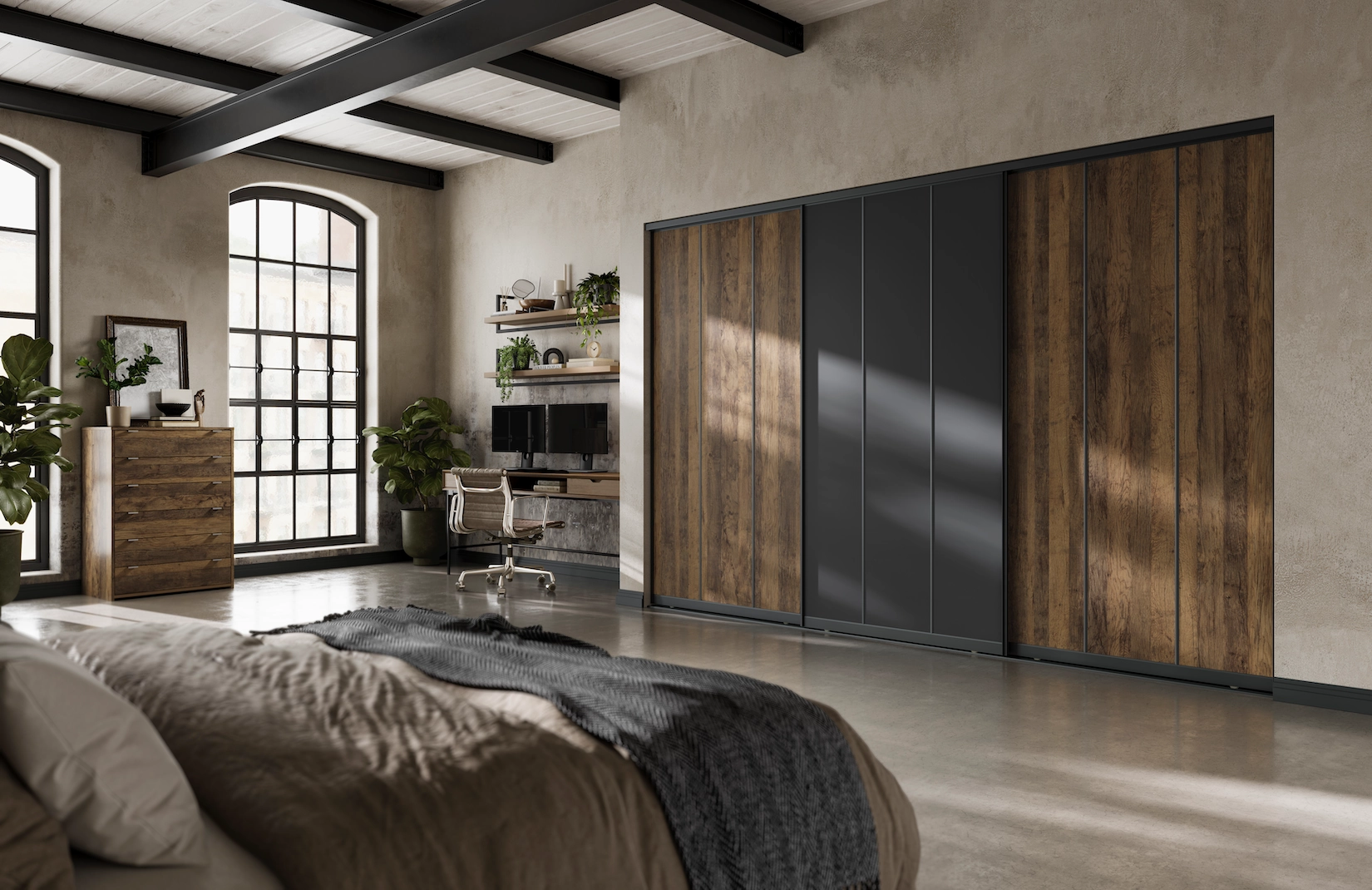 Dark timber sliding wardrobe doors in a bedroom with exposed beams