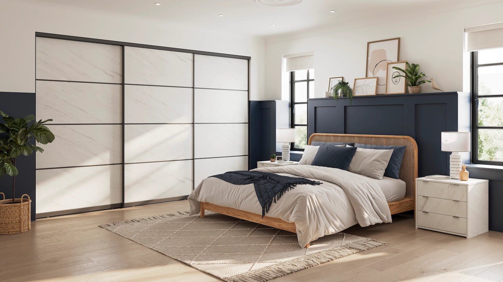 Cream panelled sliding wardrobe doors in a bedroom