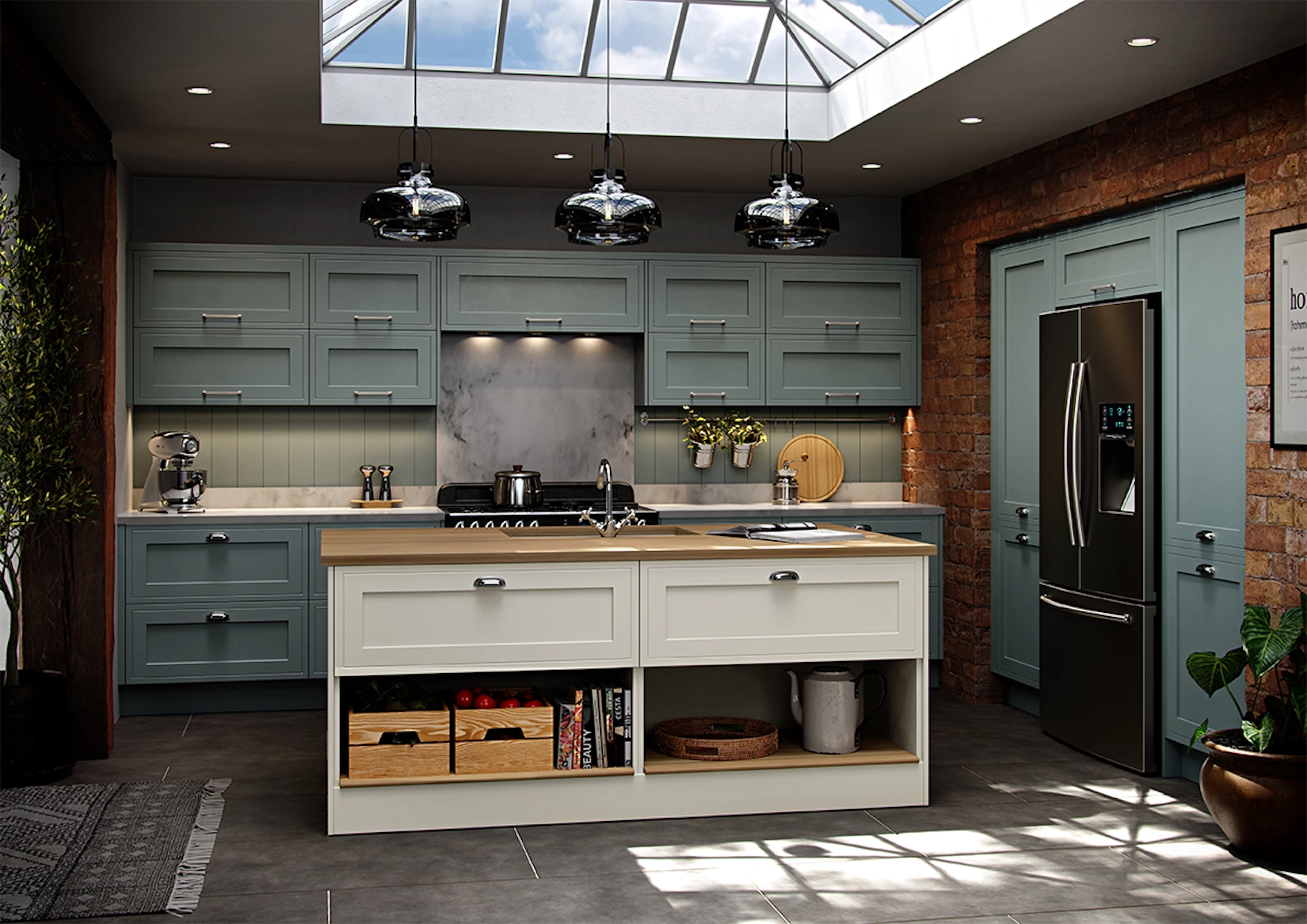 Sage shaker kitchen with island, exposed brick and roof lantern