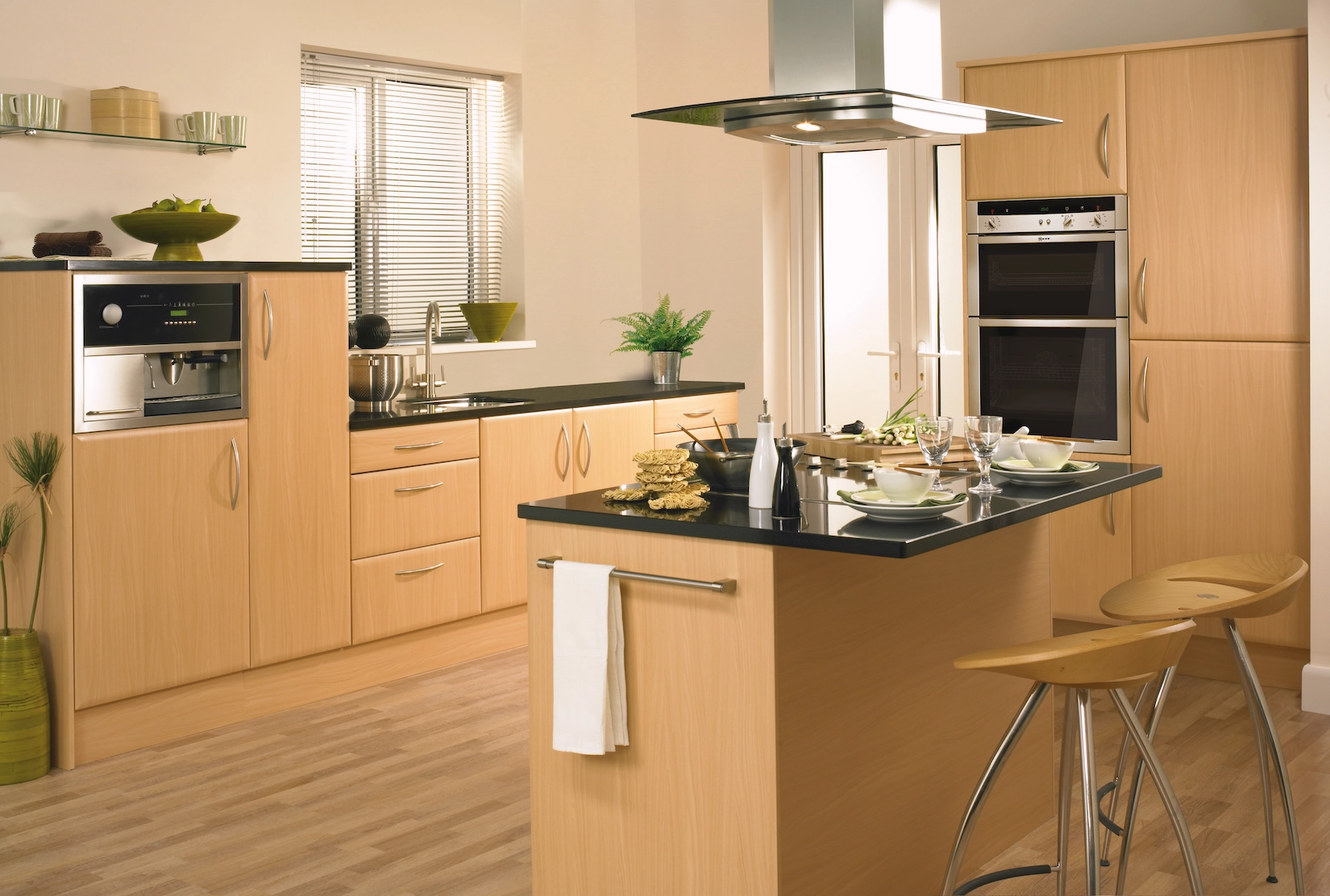 Beech slab kitchen with island extractor and breakfast stools