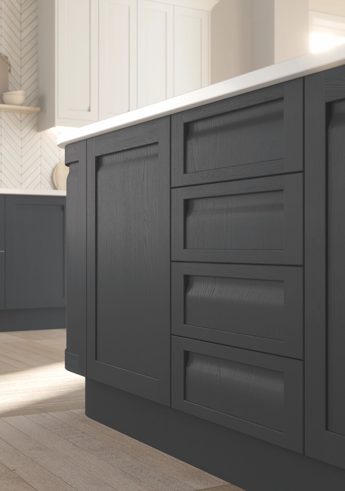 Grey kitchen island with panelled end detail