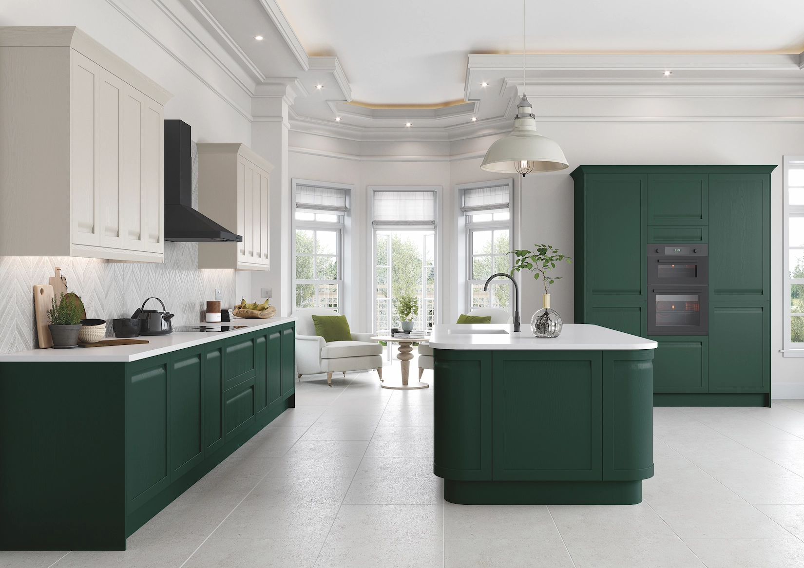 Green and cream kitchen with island and bay window