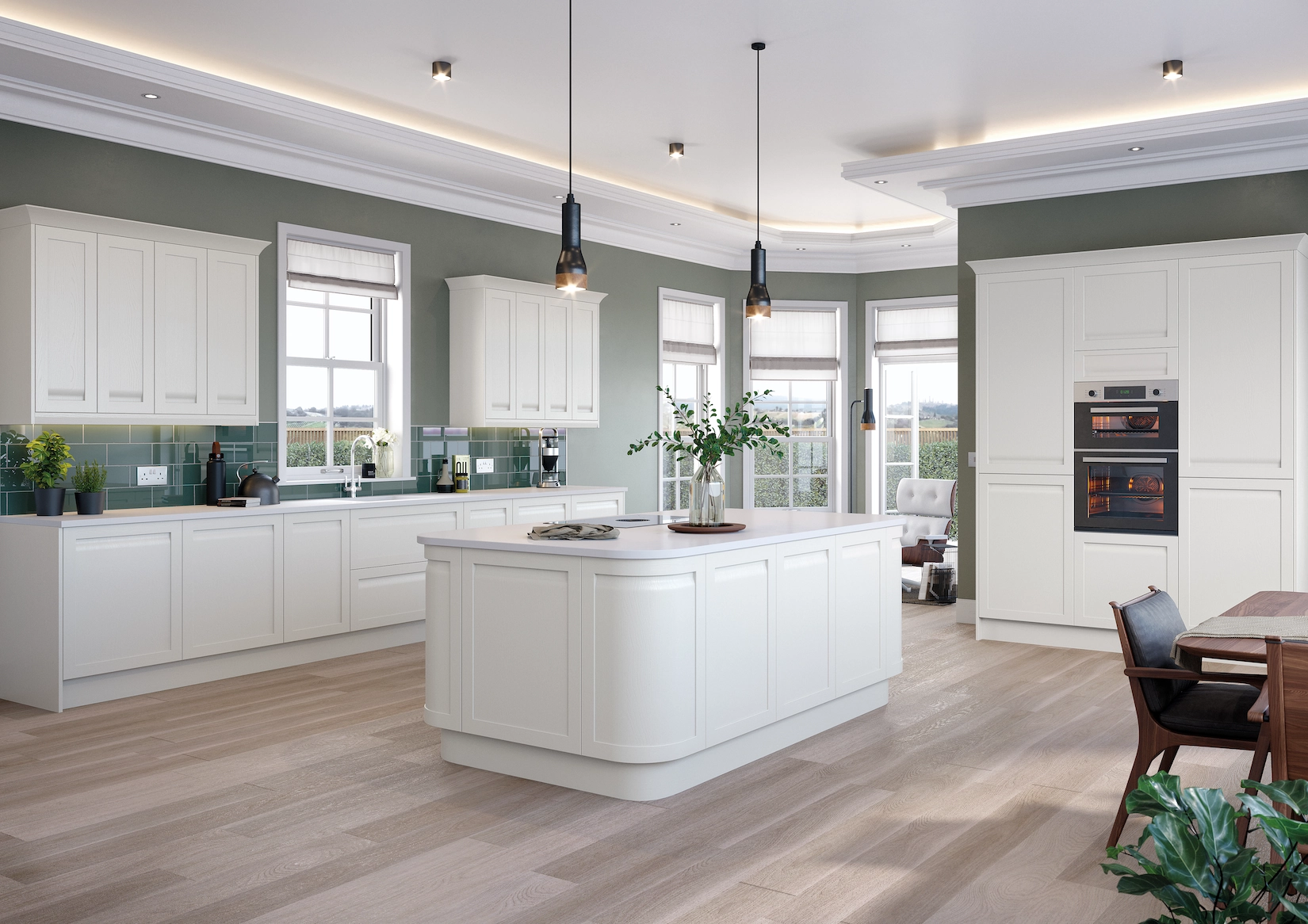 Cream kitchen with central island and pendant lighting