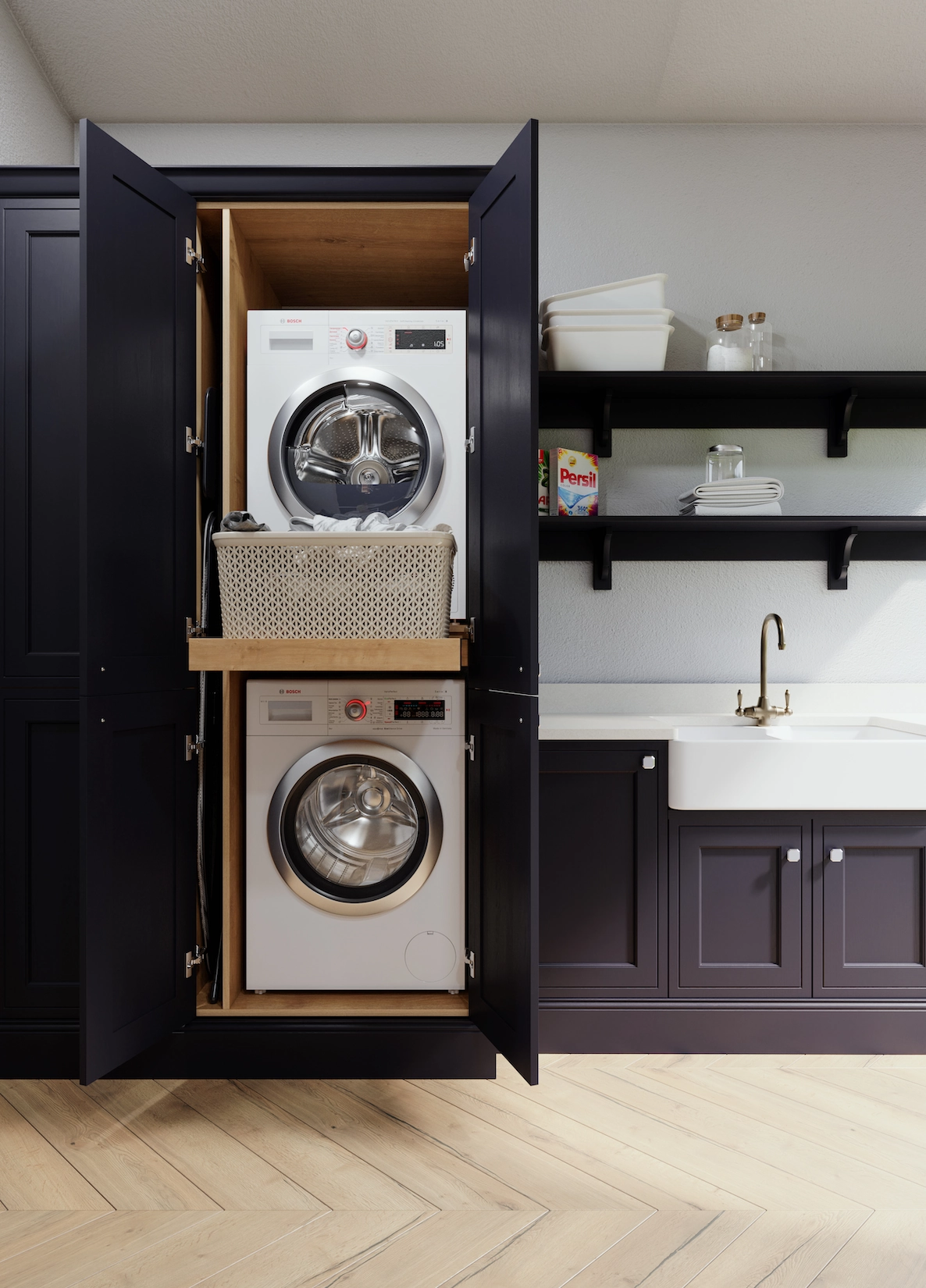 Dark utility cupboard with stacked washer and dryer