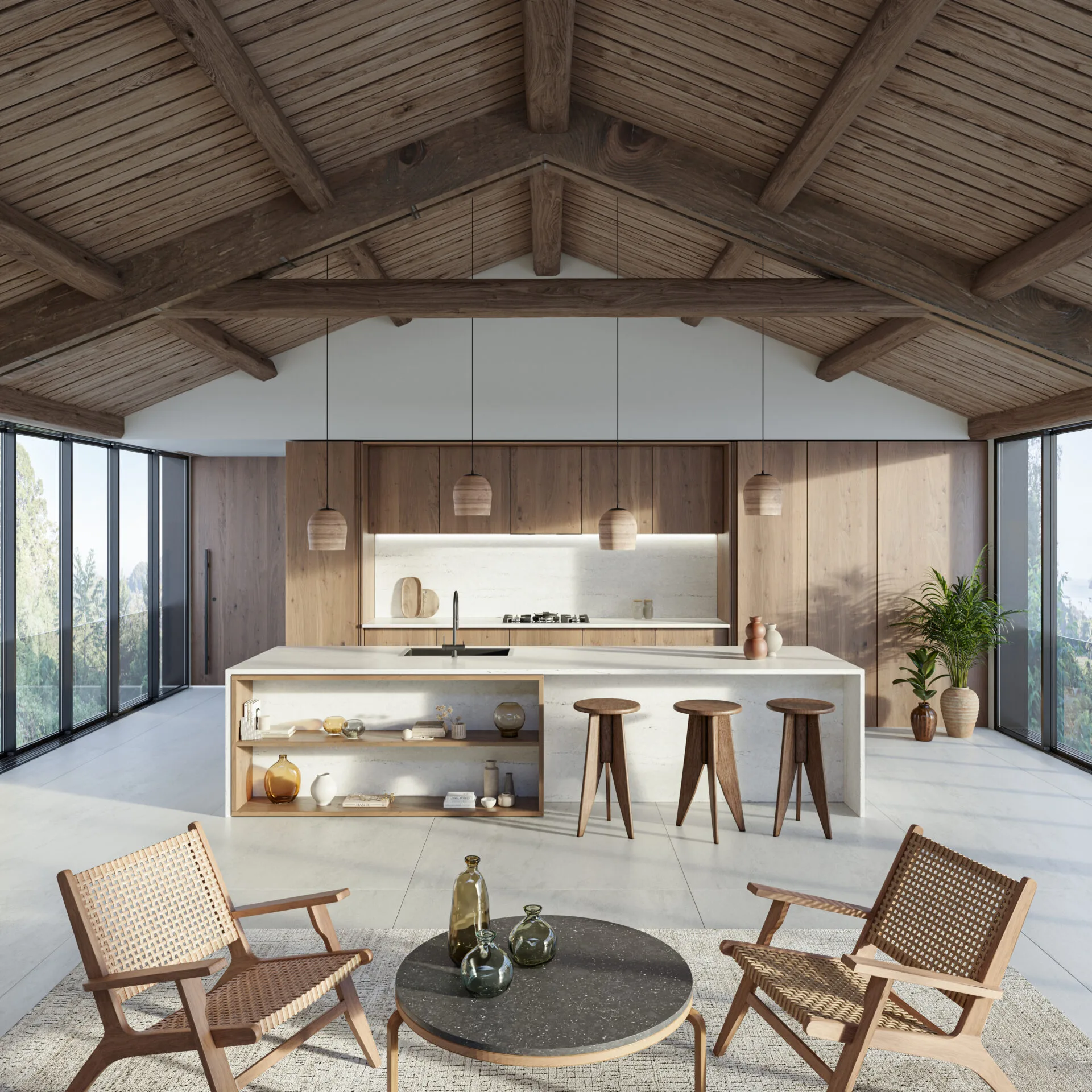 Bespoke kitchens Ceredigion: open-plan kitchen with a vaulted beamed ceiling, pale green cabinetry and a large island