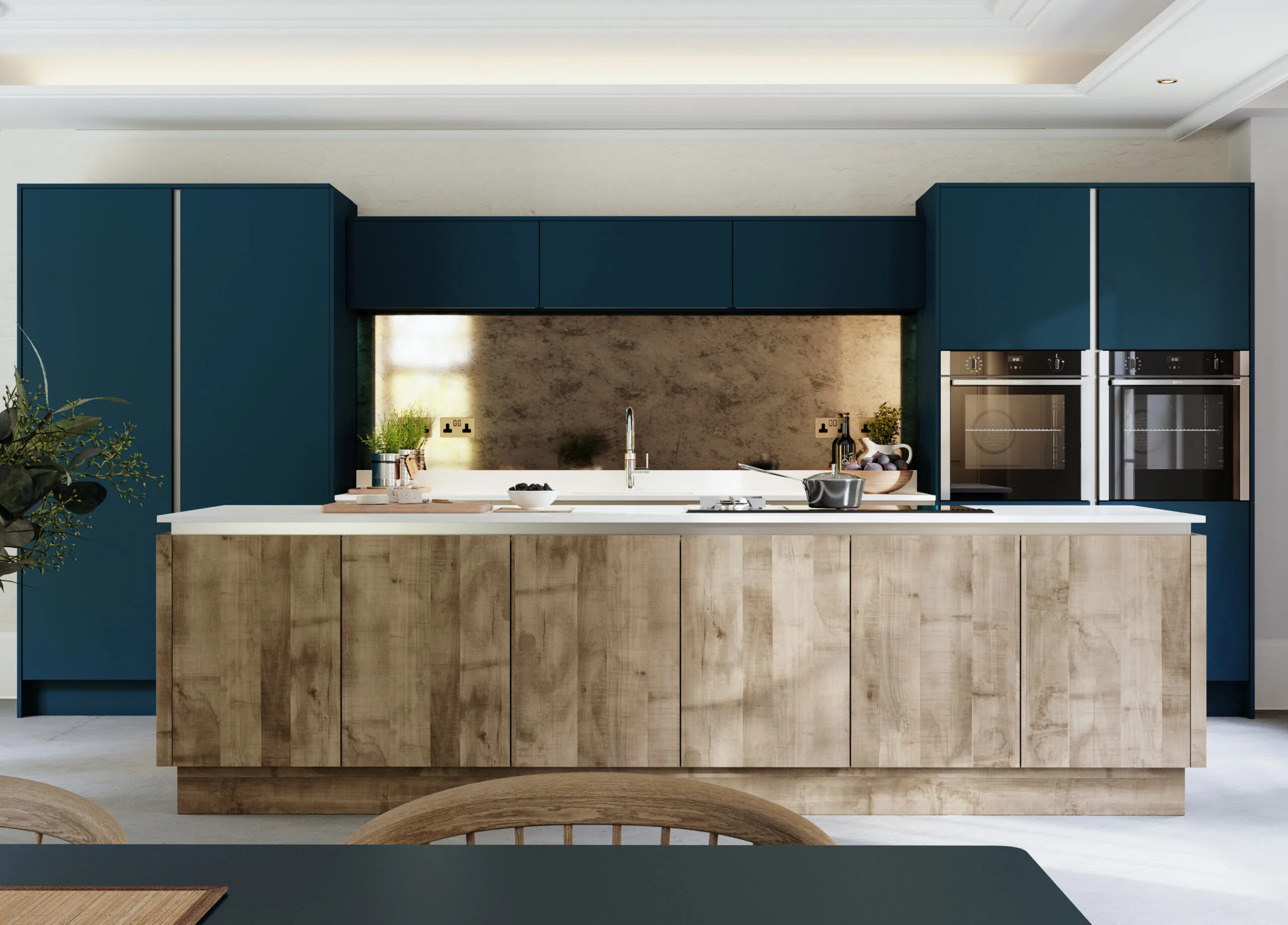 Navy blue kitchen with a timber-clad island and integrated seating