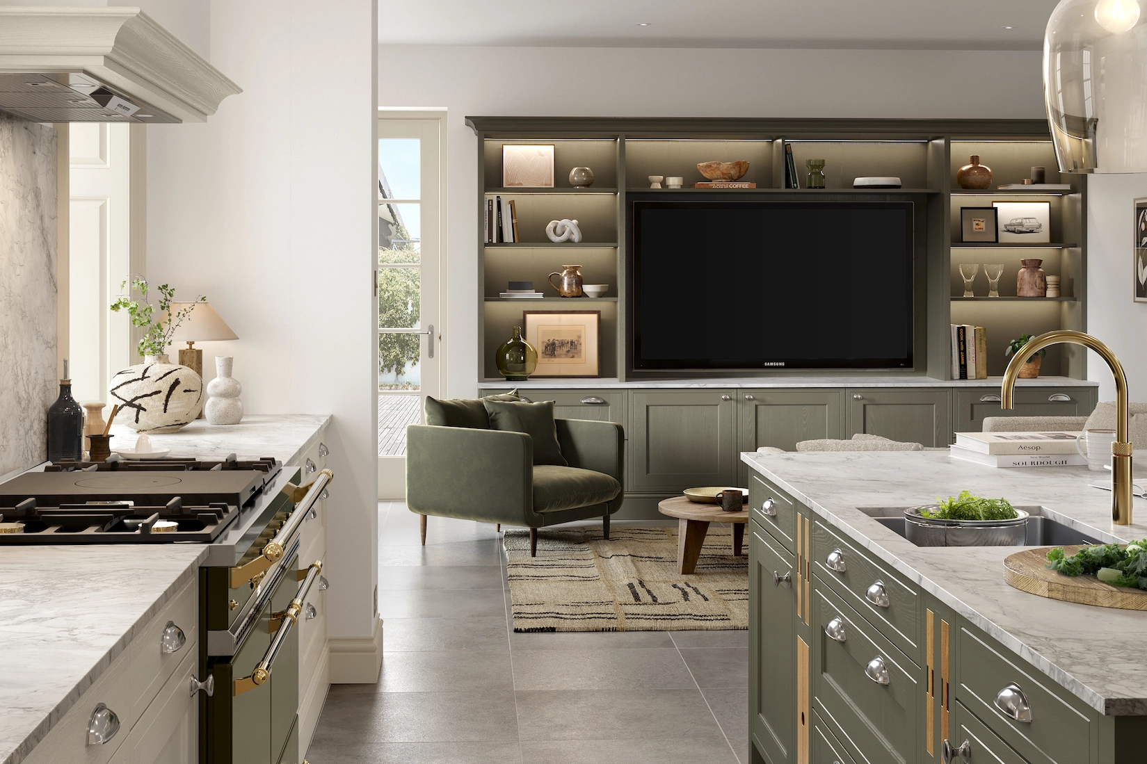 Open plan kitchen and living space with fitted media wall