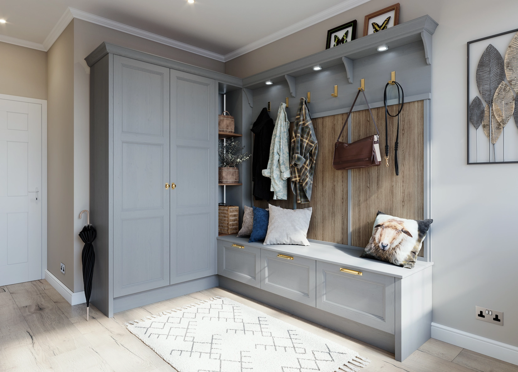 Boot room with fitted bench seating and full height cupboards