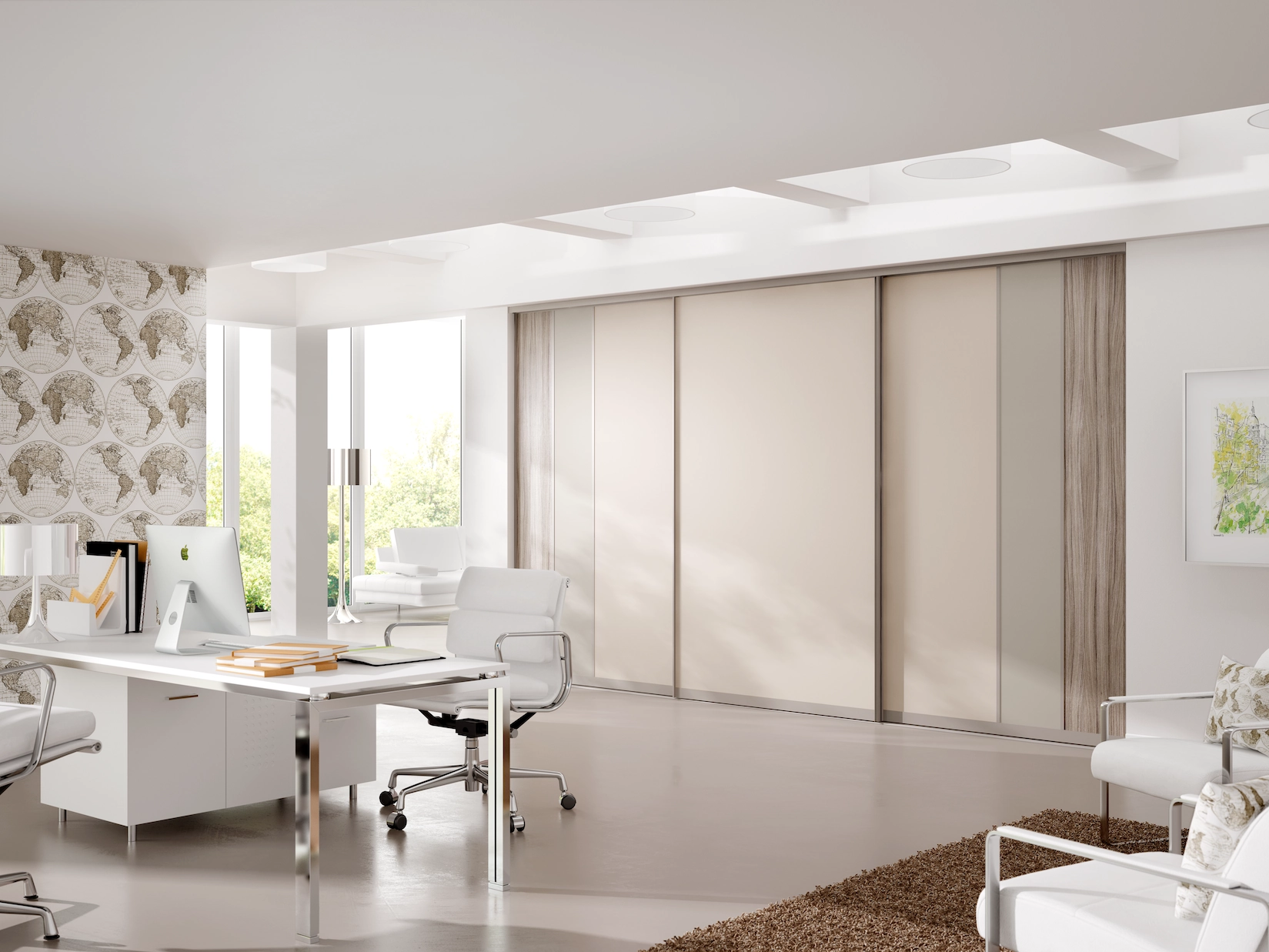 Sliding wardrobe doors in a bedroom with study desk