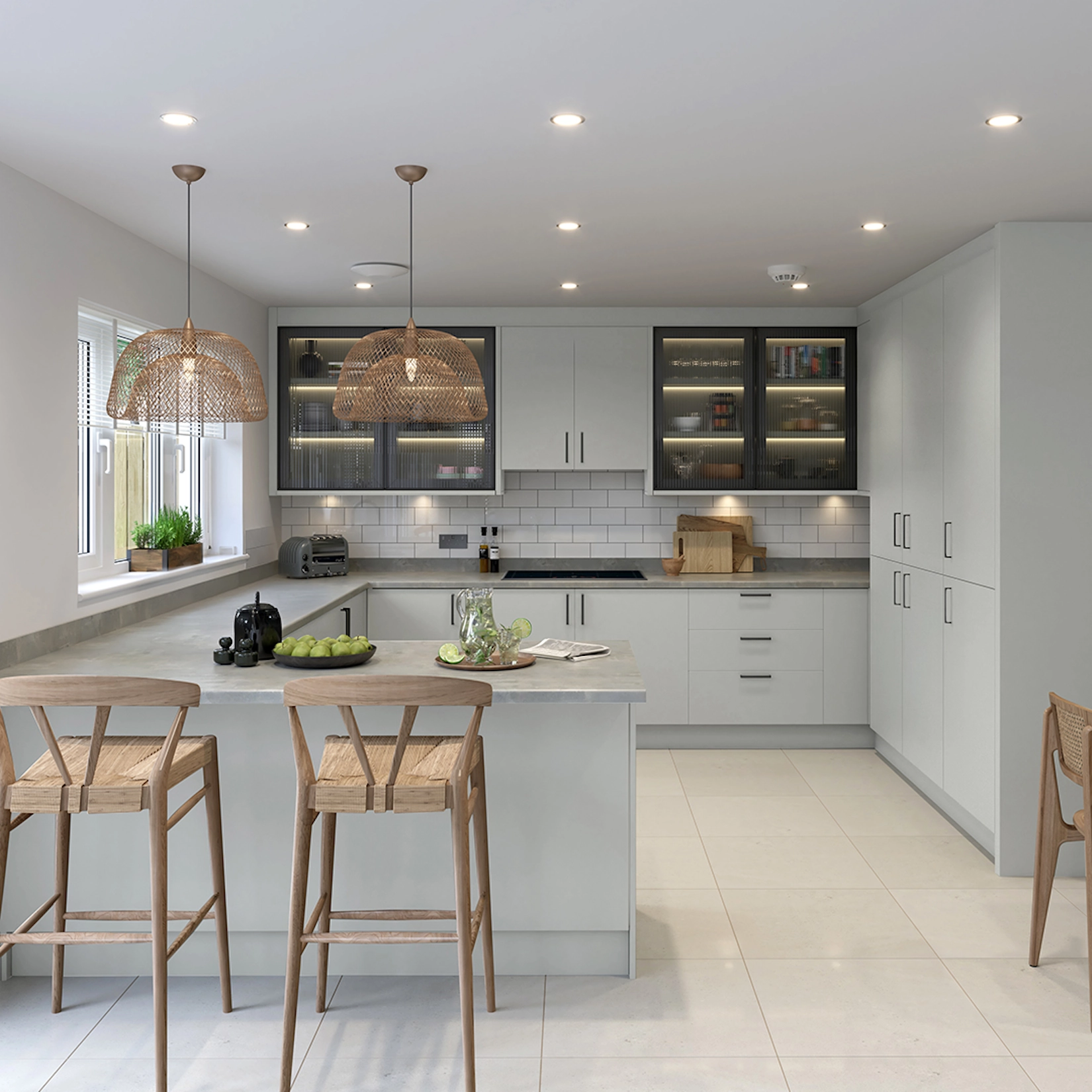 Grey slab kitchen with island and glazed wall cabinets