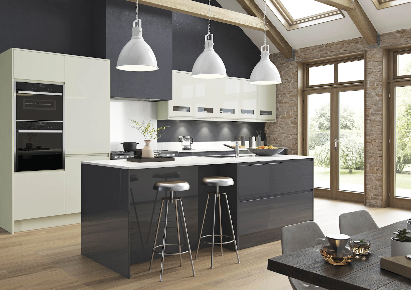 Grey handleless kitchen with island and pendant lighting