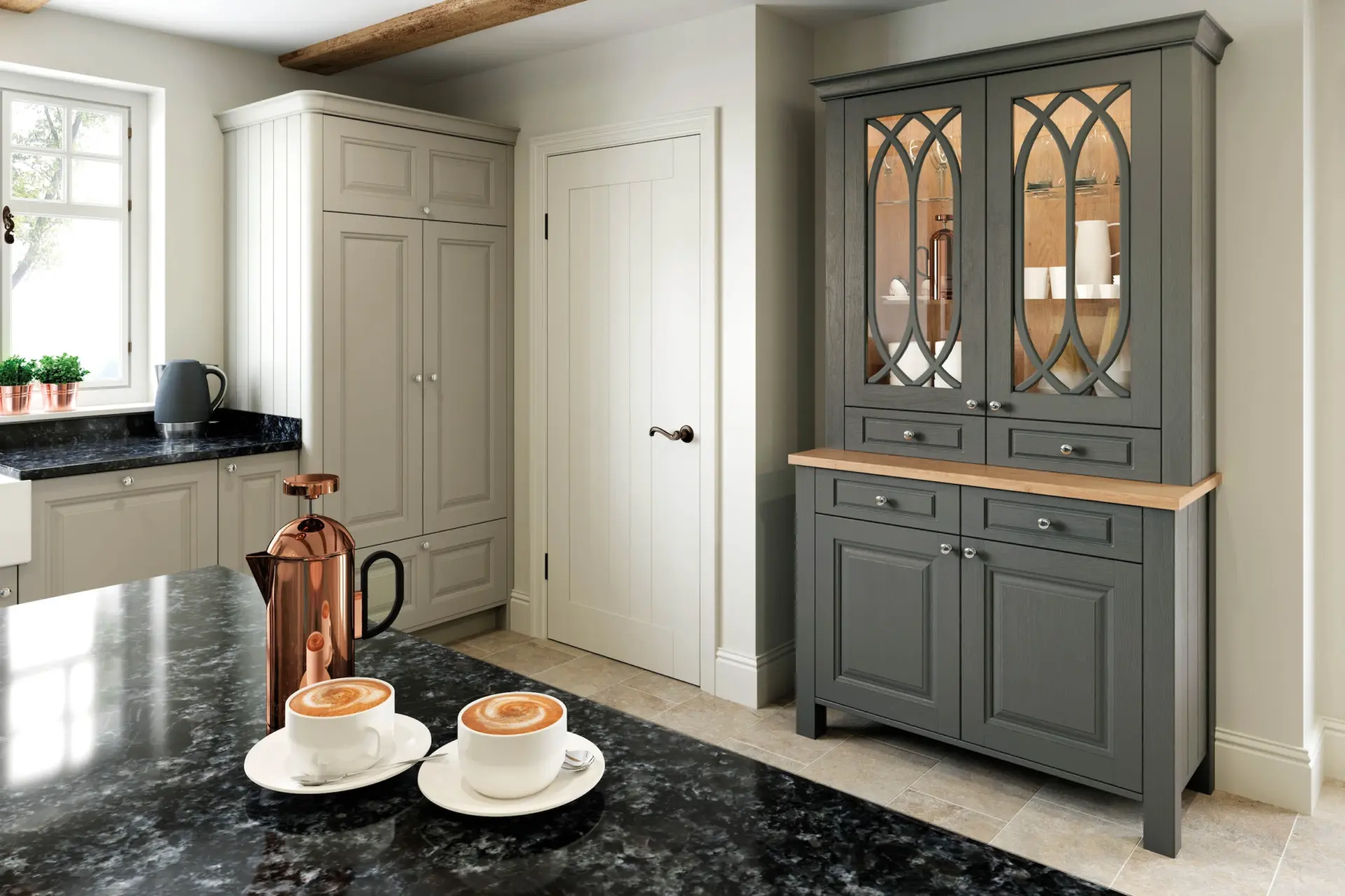 Kitchen with glazed green dresser and dark stone worktop