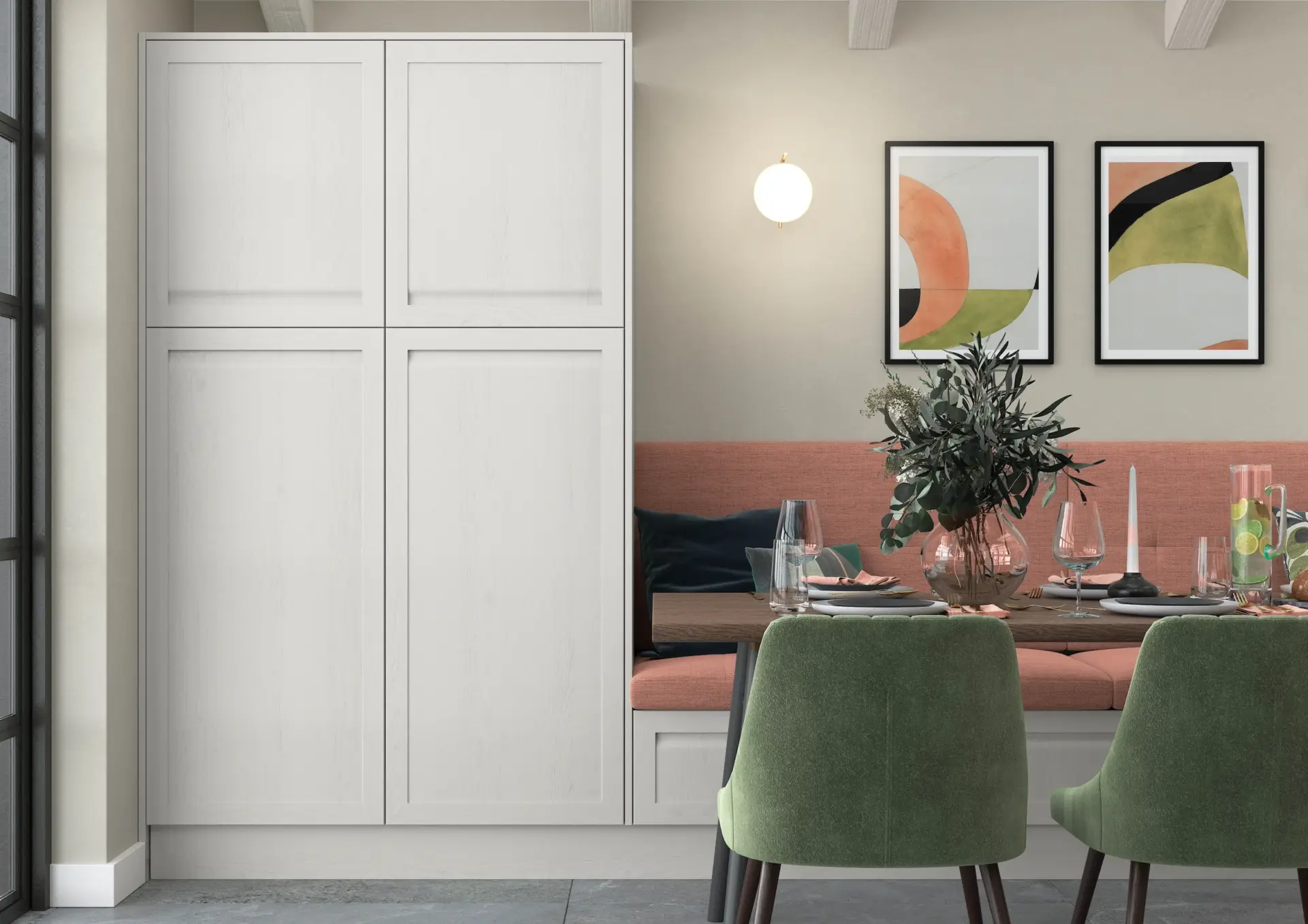 Dining area with fitted cupboards and pink banquette seating