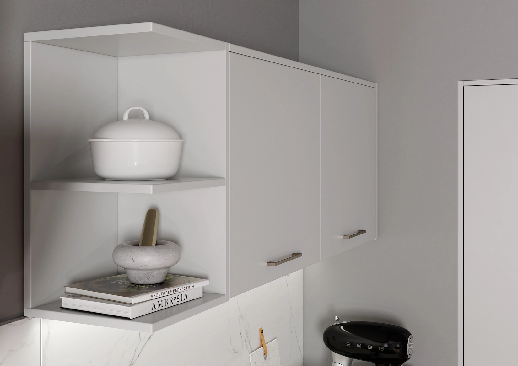 White slab wall cabinet with open shelf detail