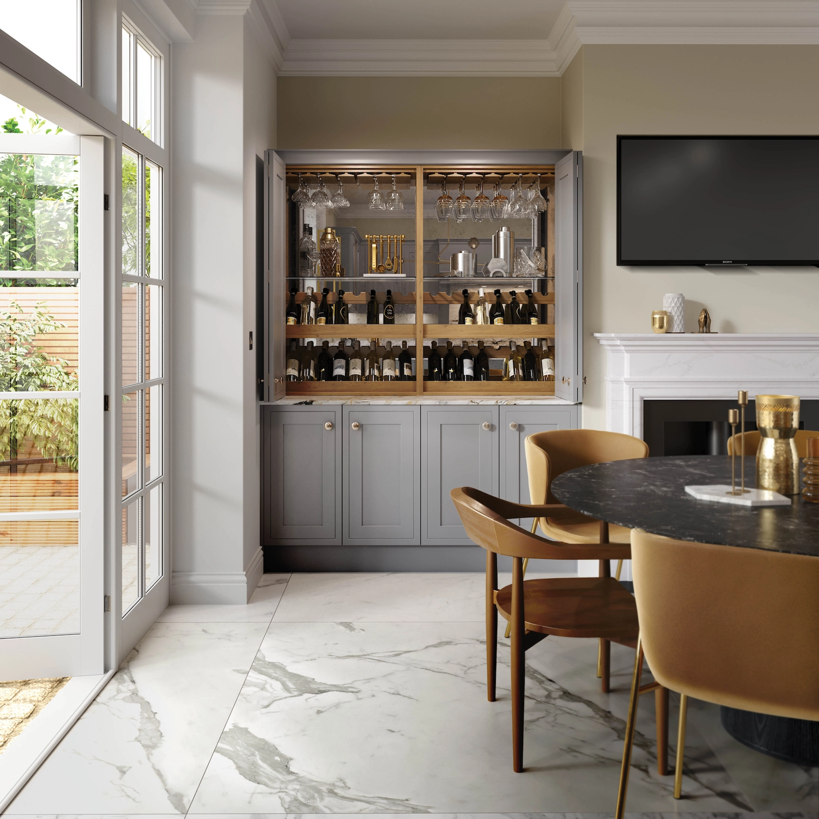Fitted drinks cabinet with dining table and marble flooring
