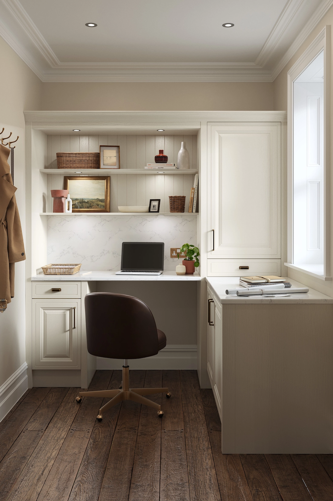 Cream fitted home office with desk and overhead shelving