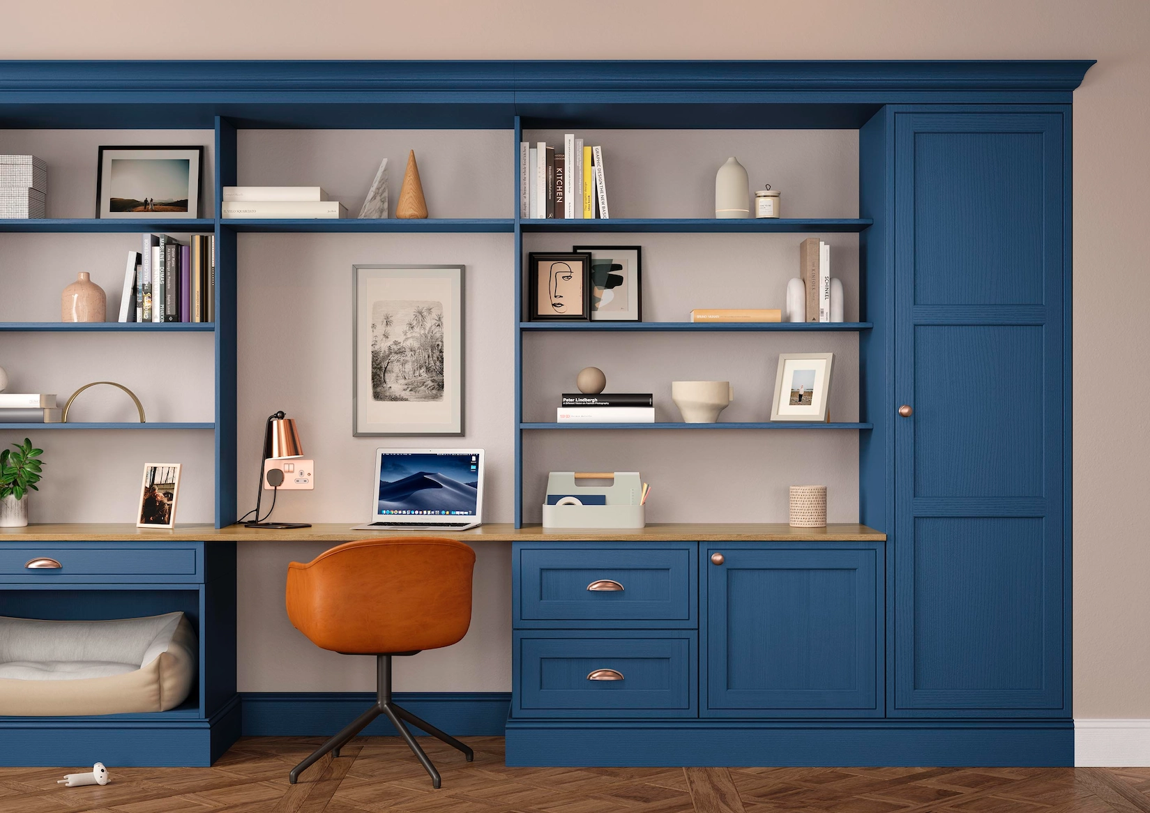 Blue fitted study wall with desk and display shelving