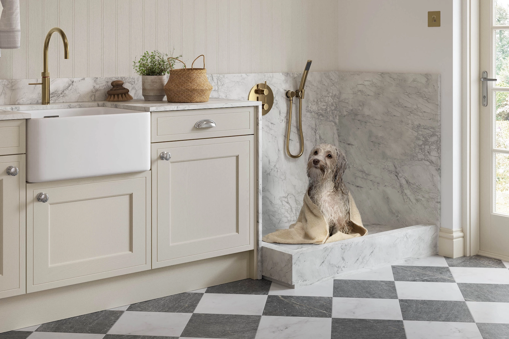 Utility room with butler sink, dog shower and chequerboard floor