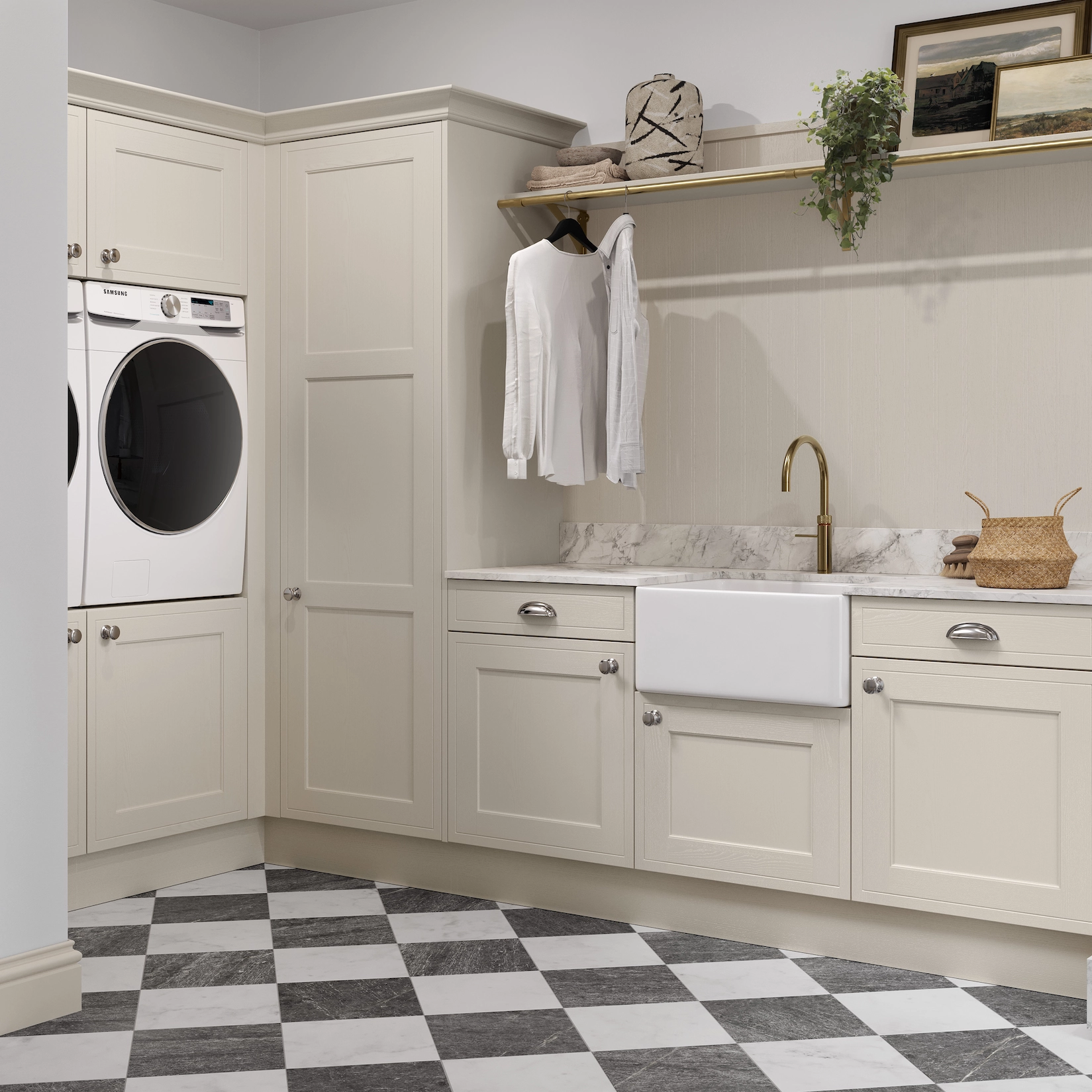Utility room with laundry appliances and chequerboard floor
