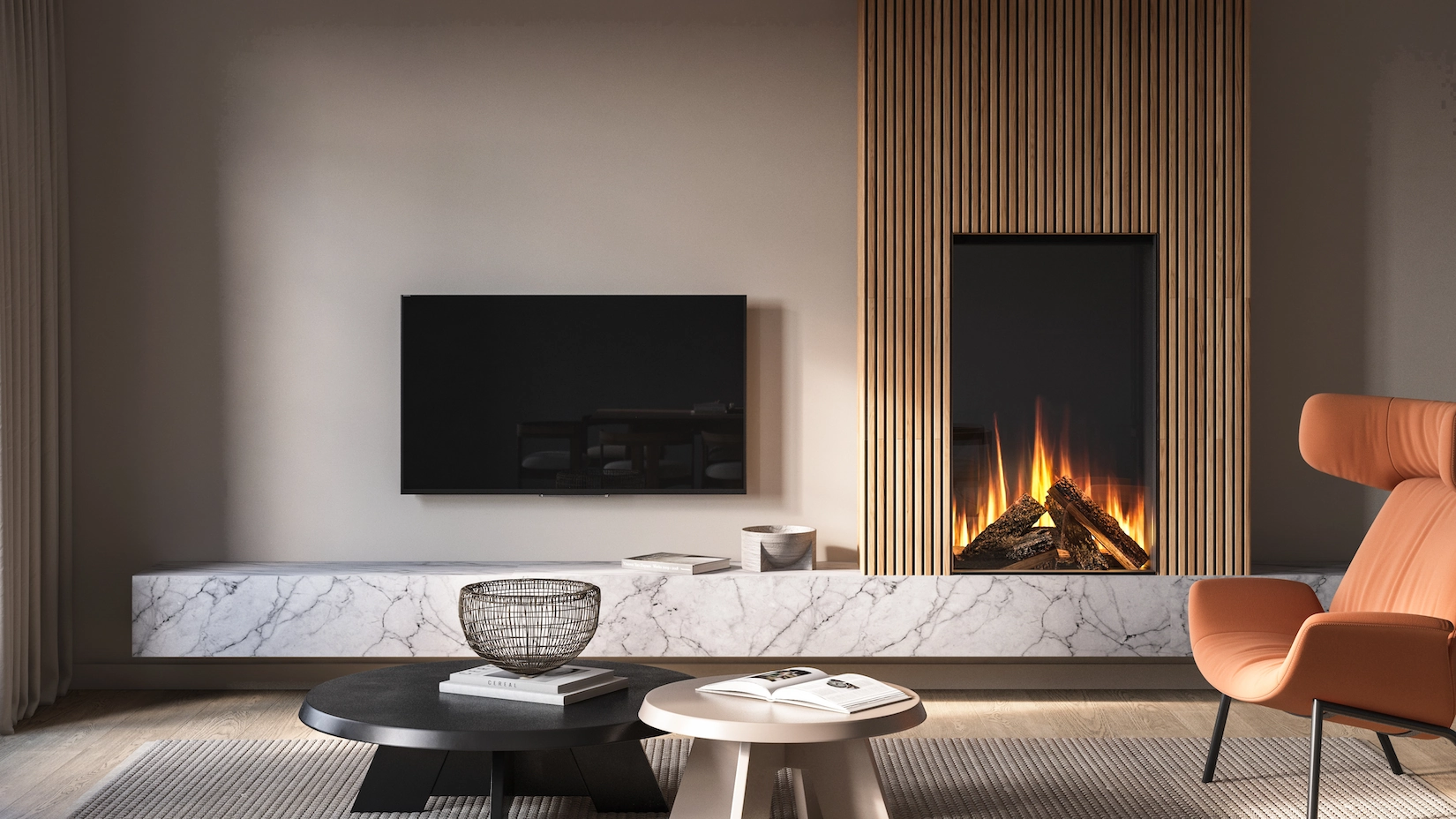 Media wall with slatted timber panelling and linear fire