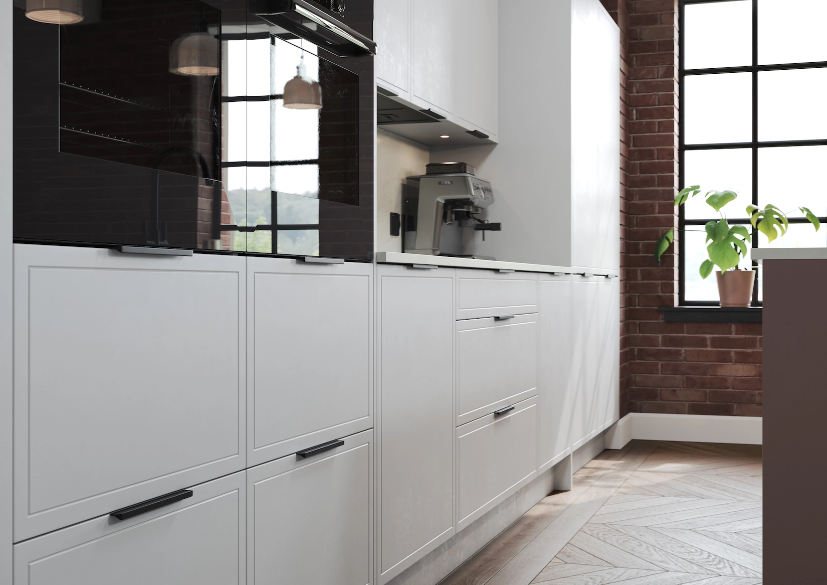White shaker kitchen run with dark wall units and metal windows