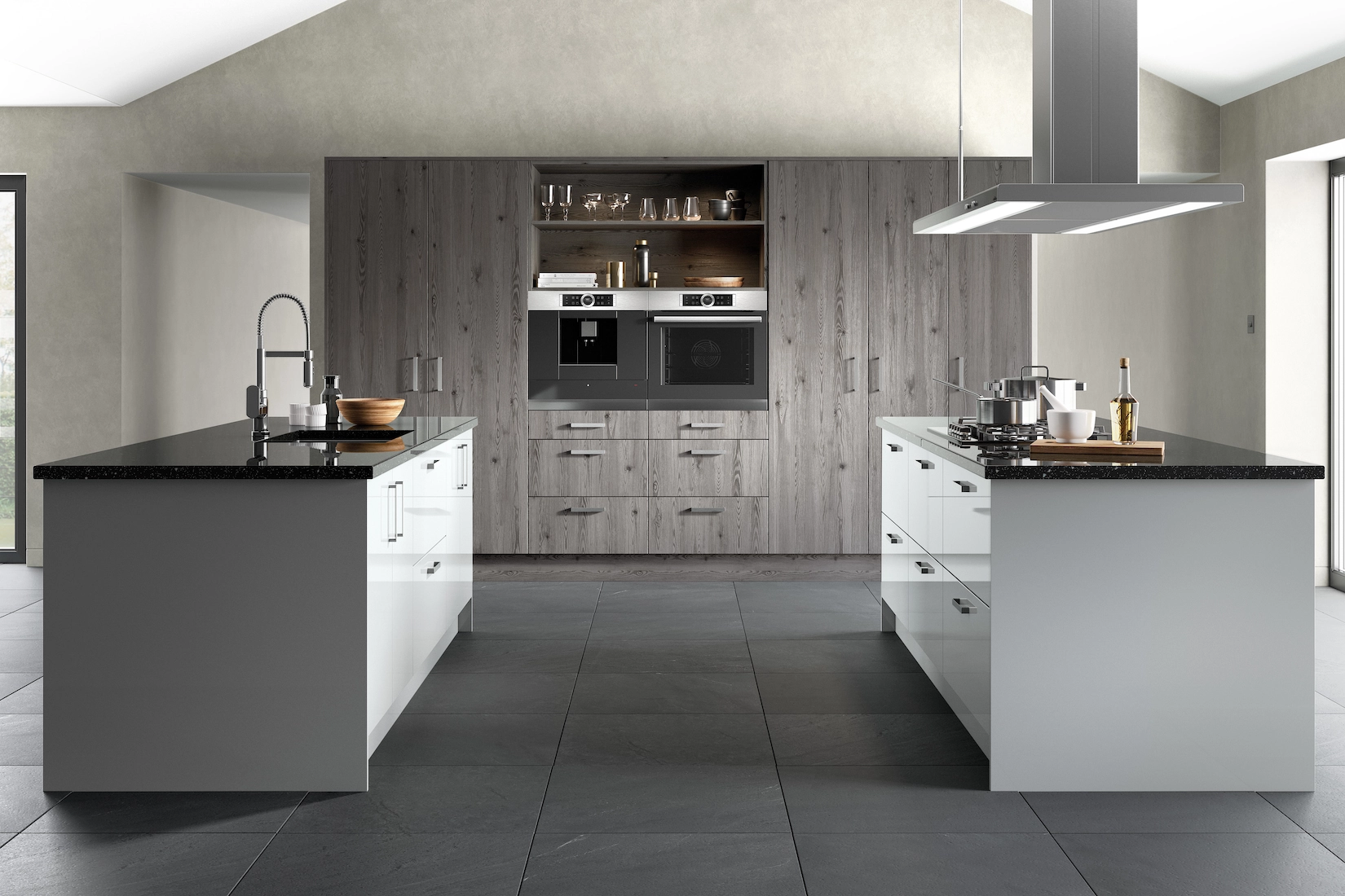 Grey slab kitchen with island and dark worktop