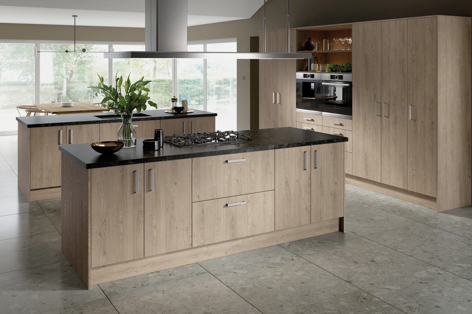 Timber slab kitchen with dark stone island and extractor