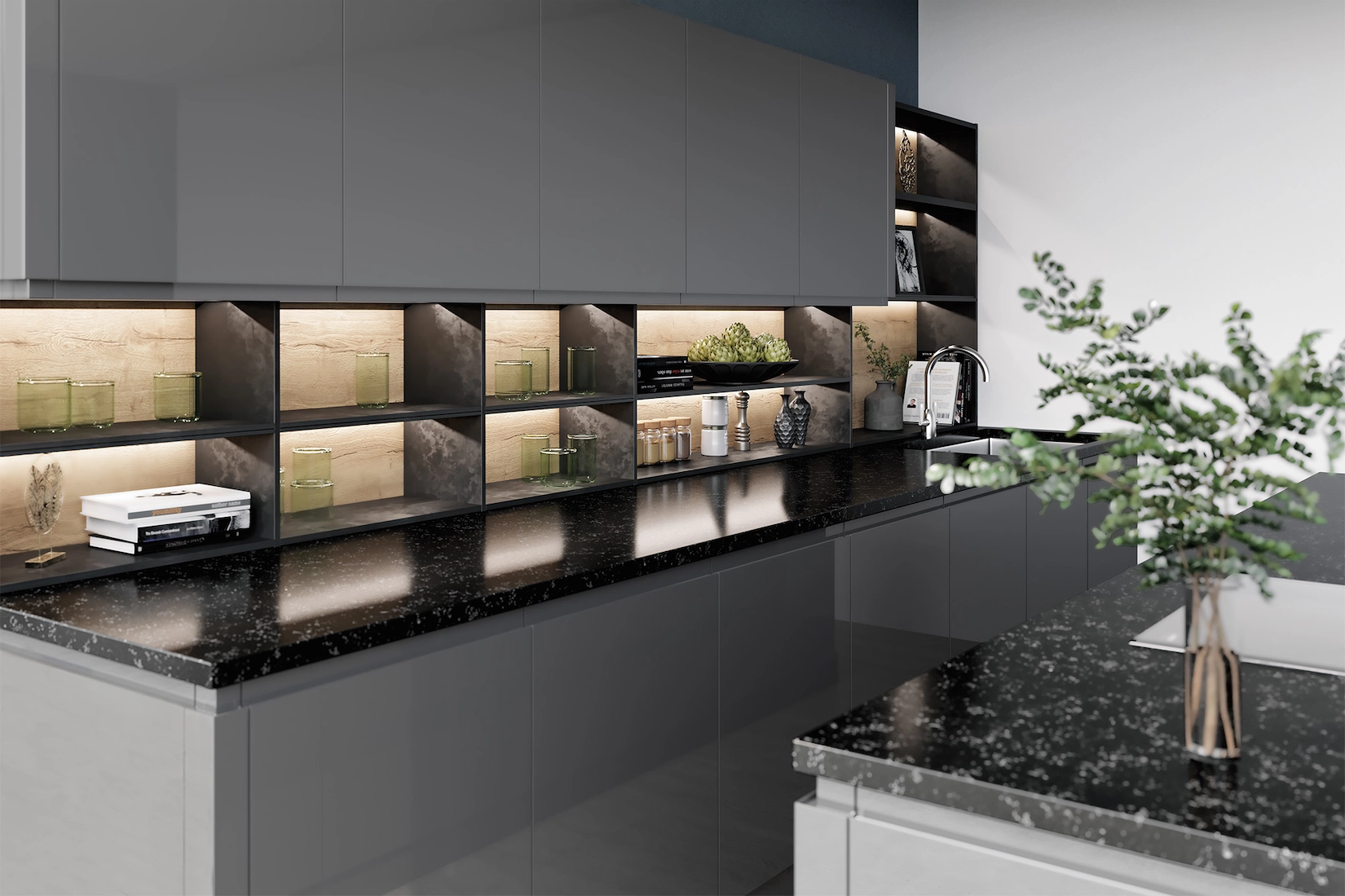 Handleless kitchen with illuminated open shelving and granite worktop