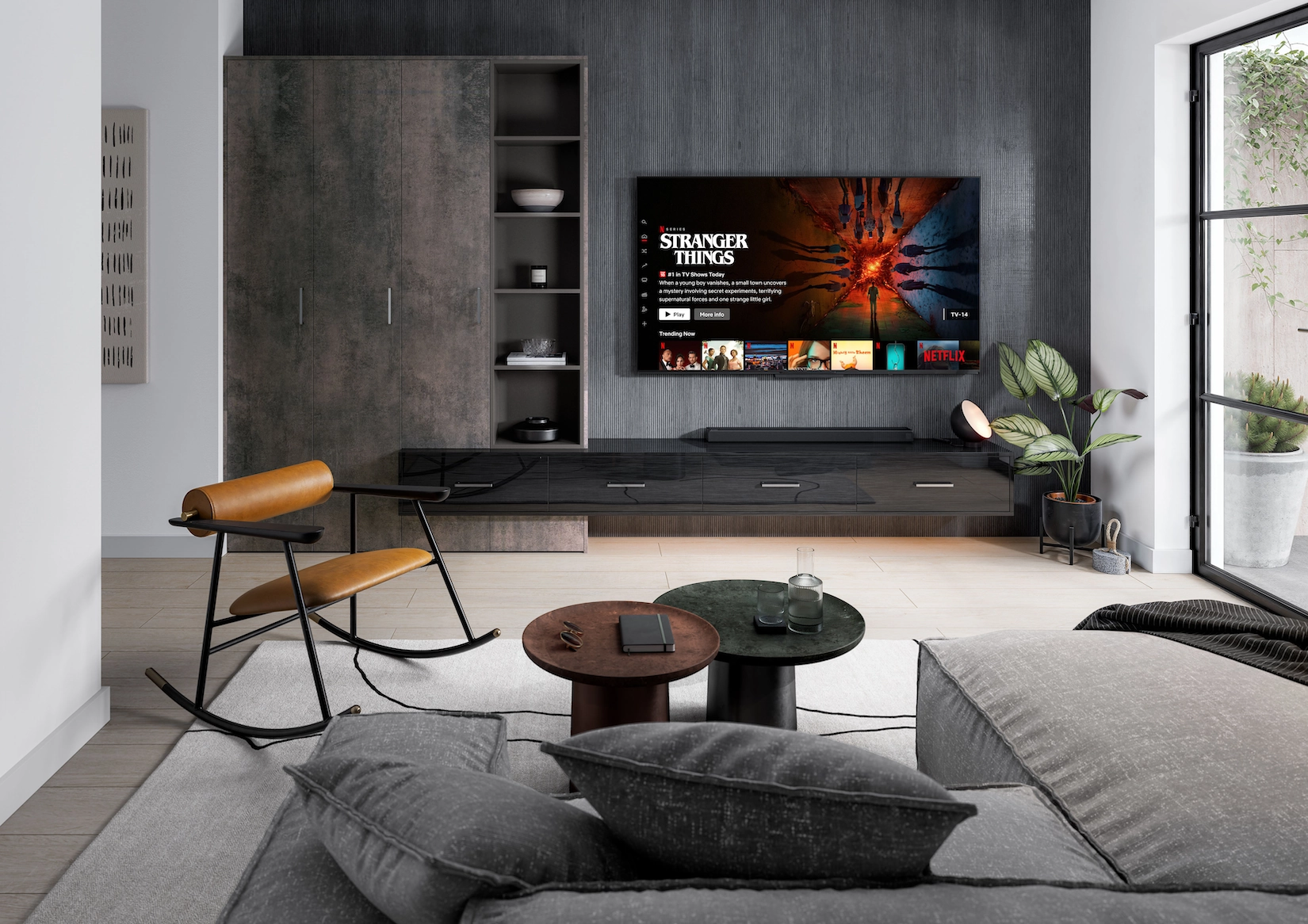 Concrete effect media wall with television and floating unit