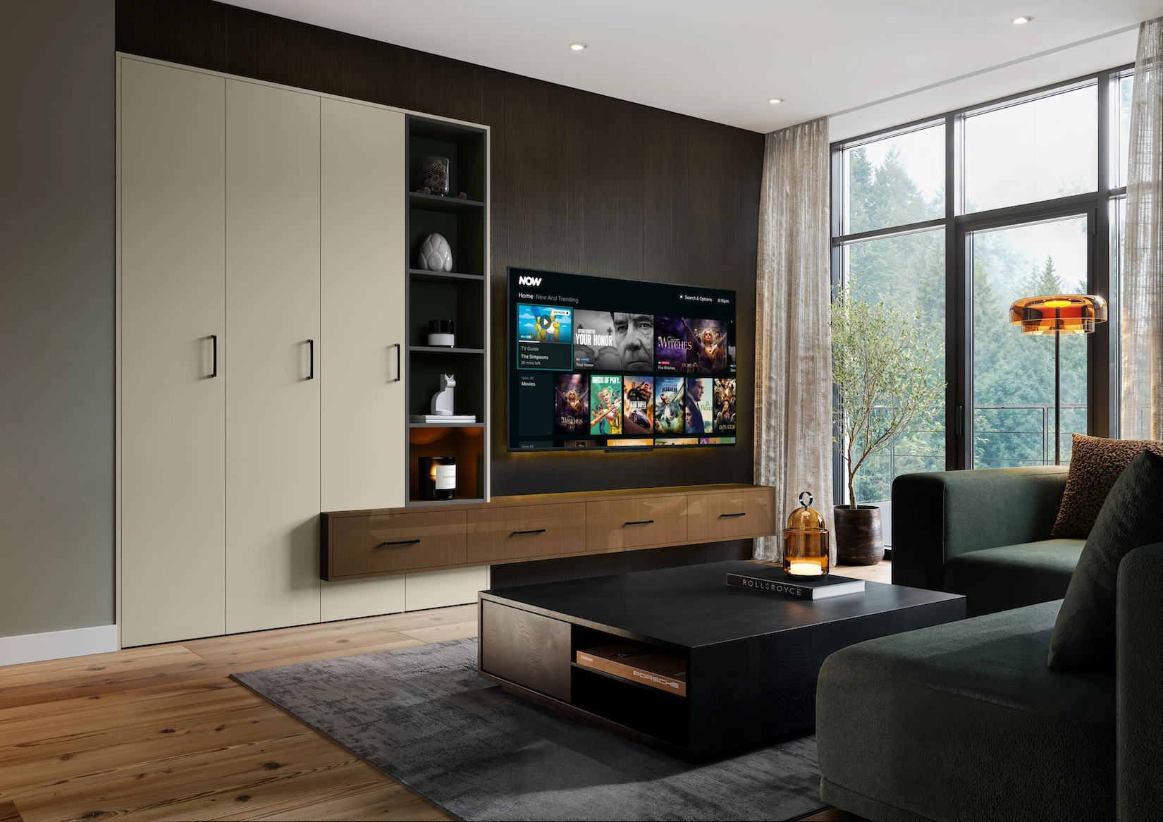 Media wall with full height cupboards and television