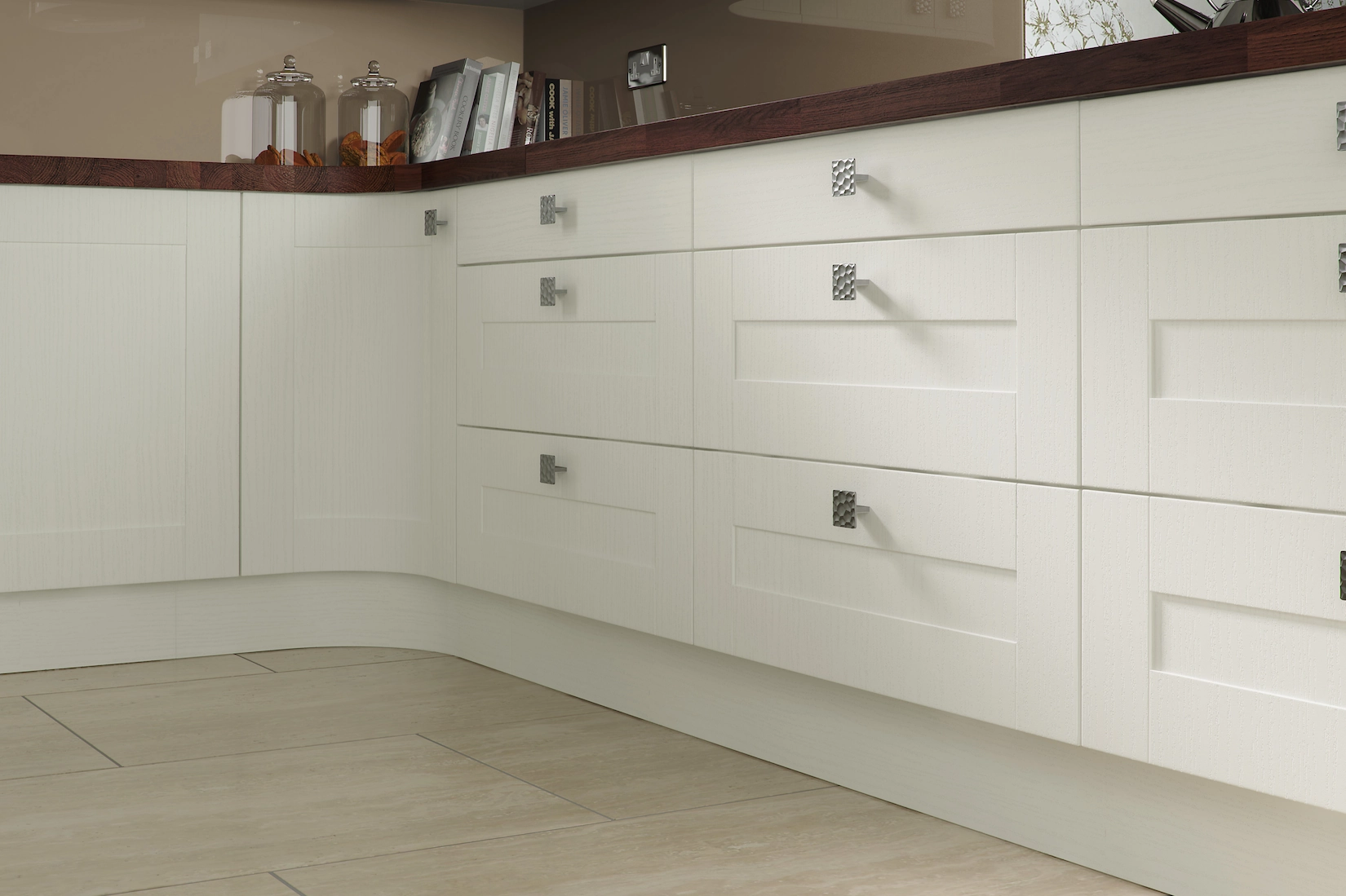 Cream shaker drawers with timber worktop