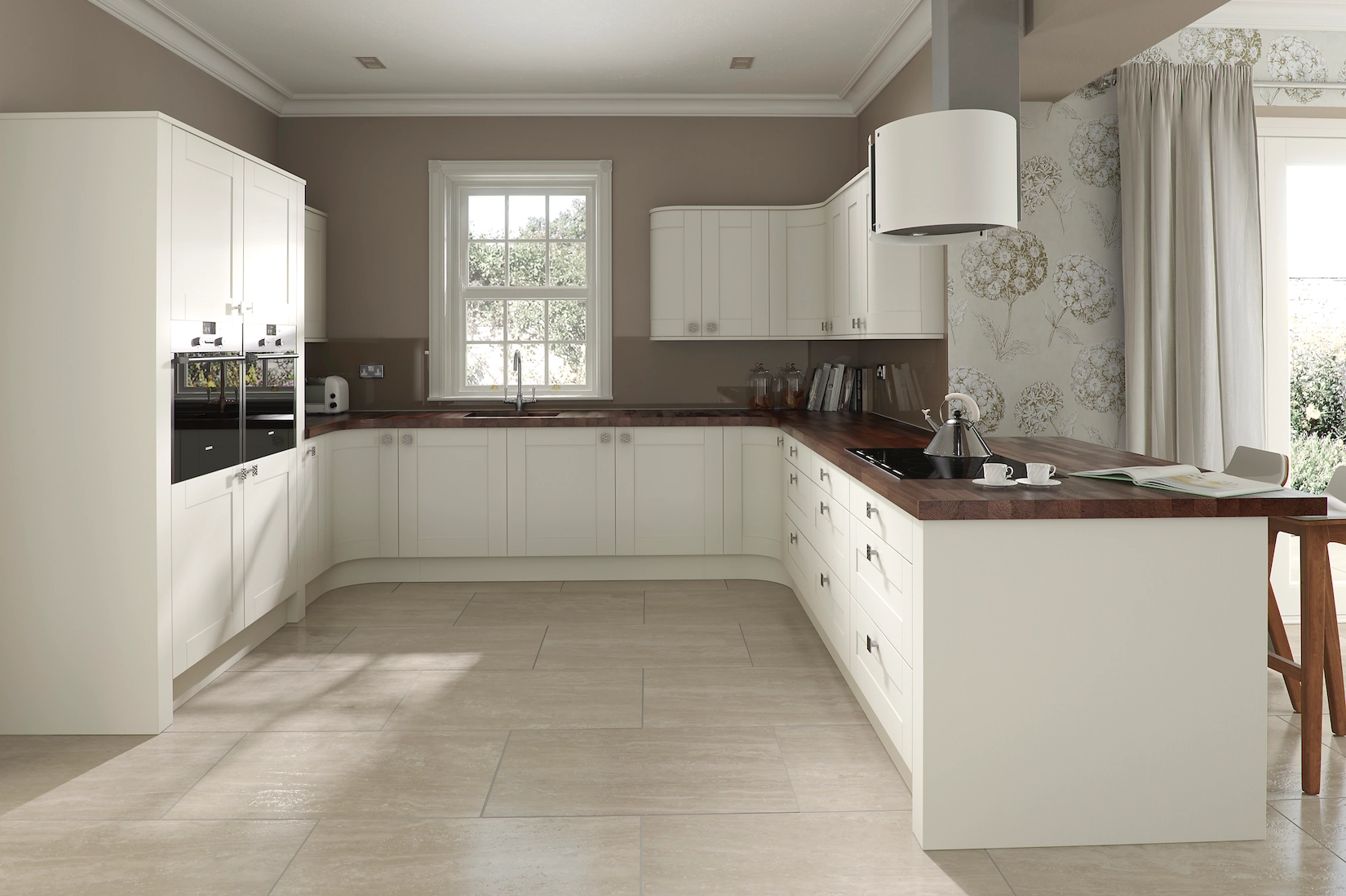 Cream shaker kitchen with timber worktop and breakfast bar
