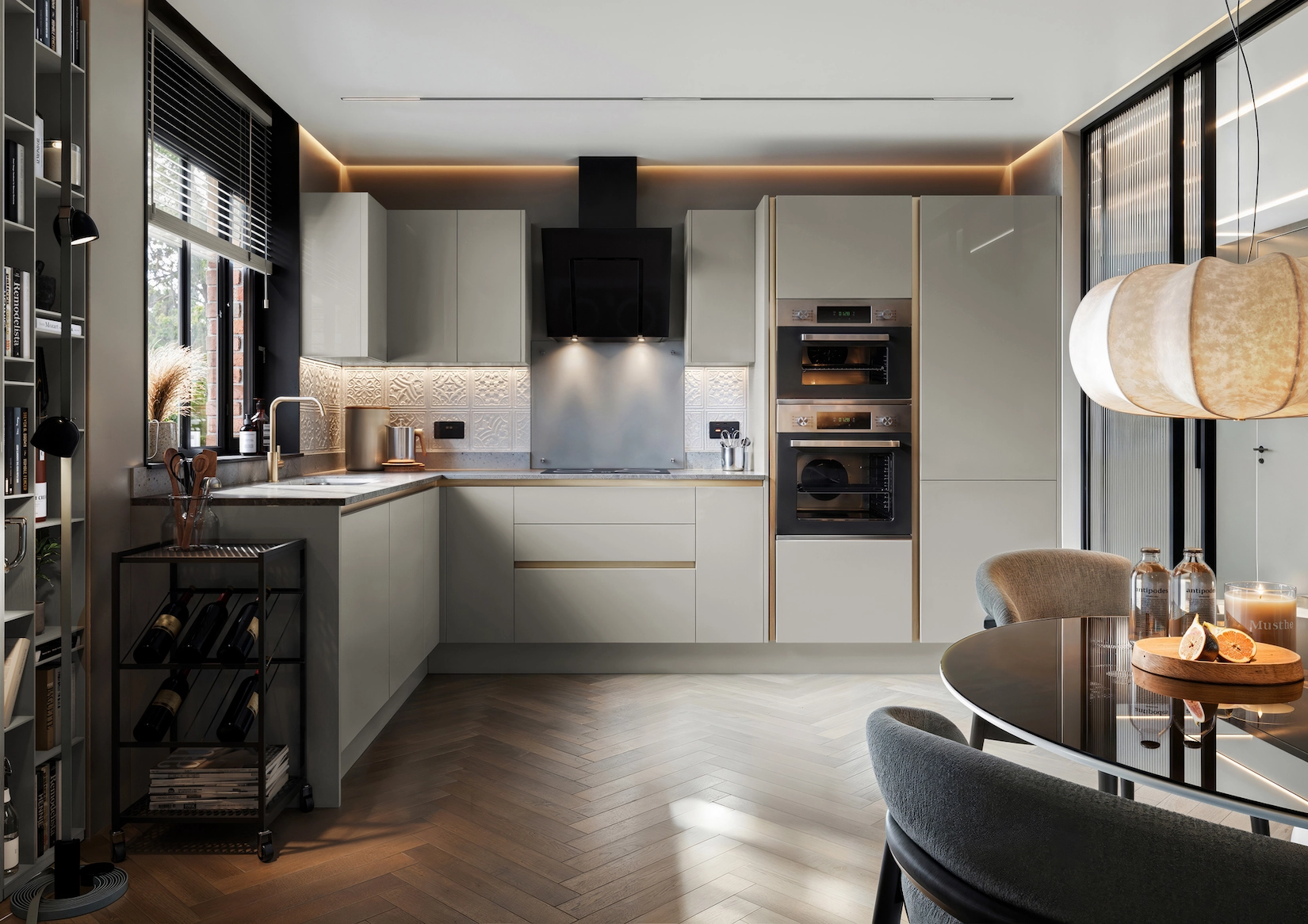 Handleless kitchen with herringbone flooring and dark wall units