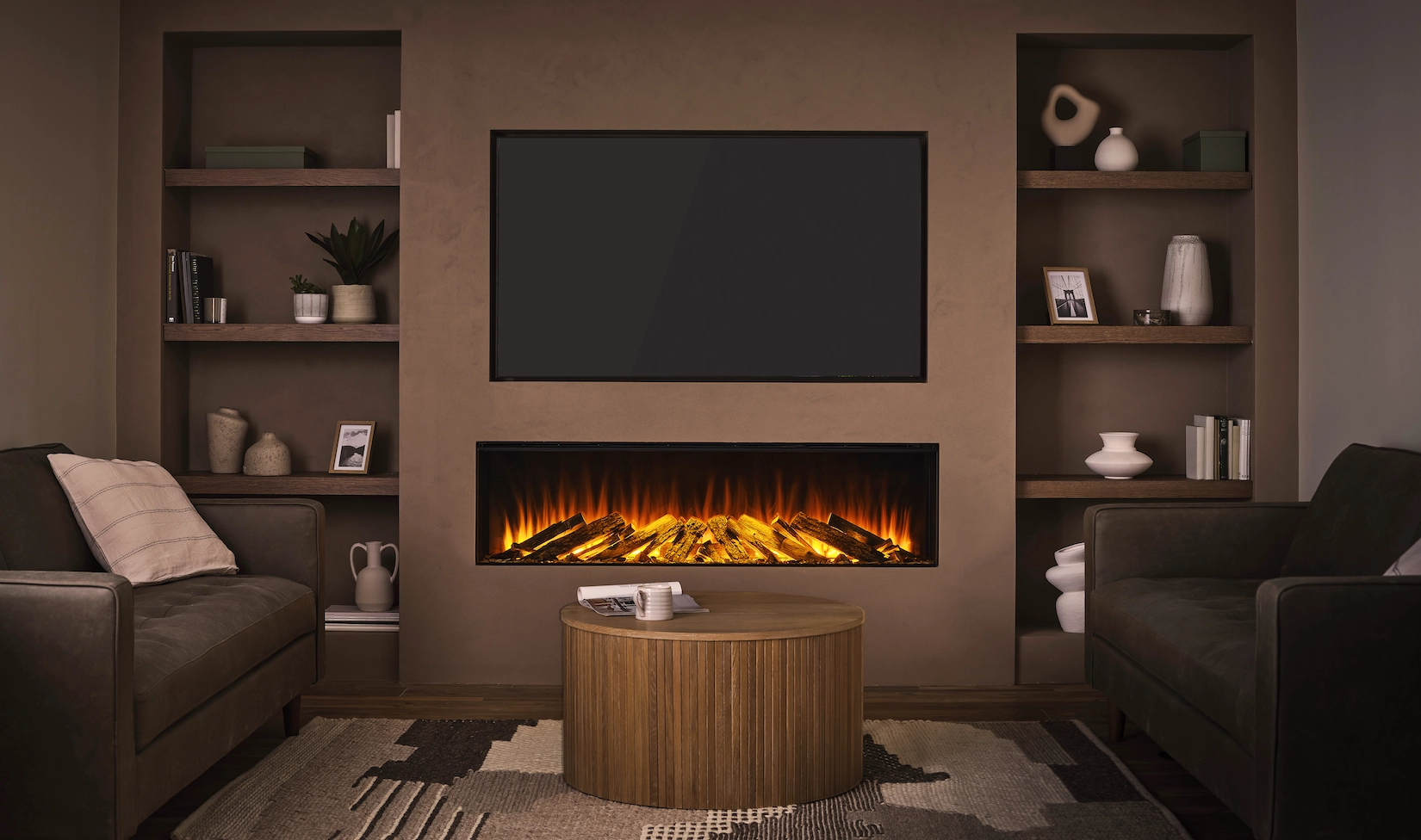 Media wall with electric fire, television and fitted shelving