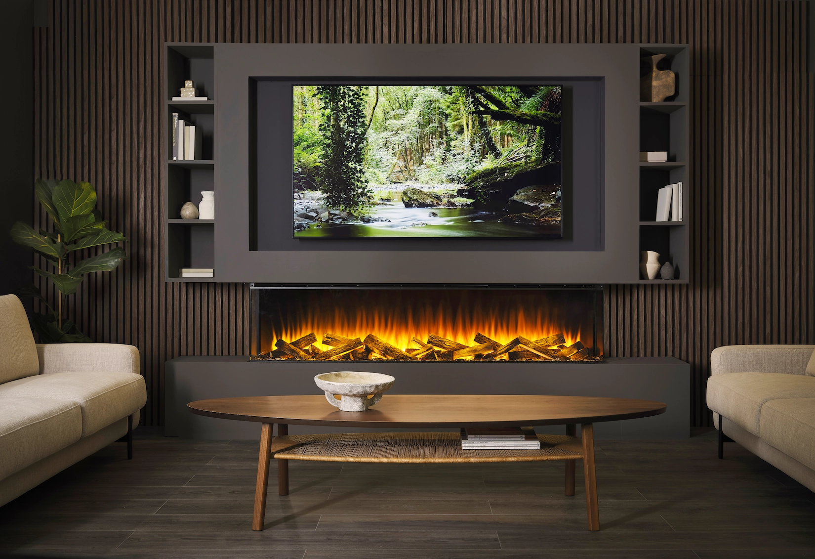 Media wall with slatted timber, television and electric fire
