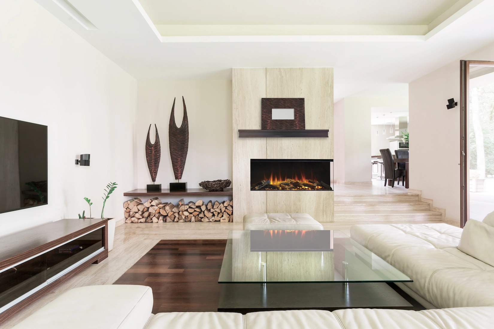 Living room with linear fire and log store recess