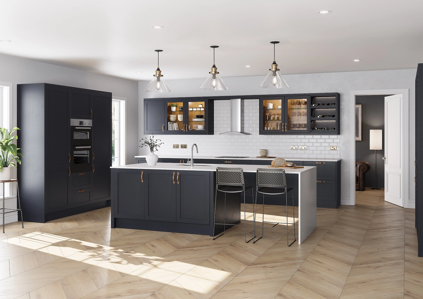 Navy shaker kitchen with island and herringbone flooring