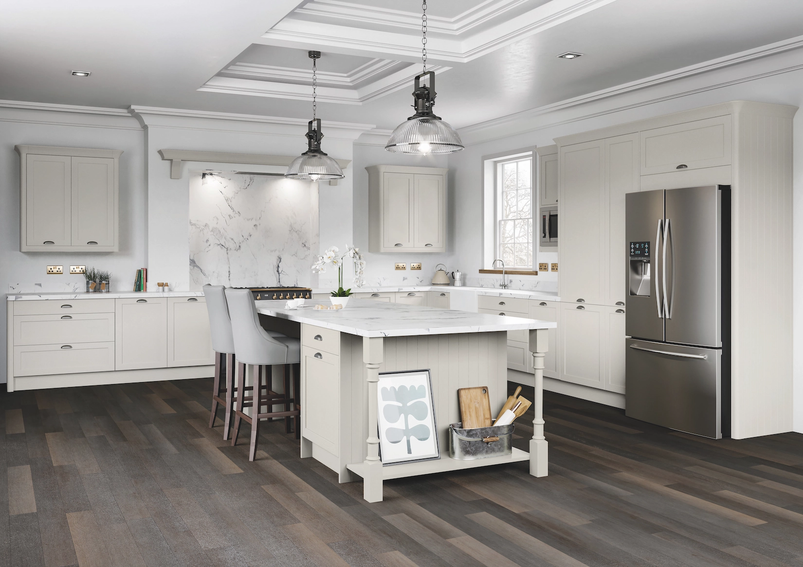 Cream shaker kitchen with marble island and pendant lighting