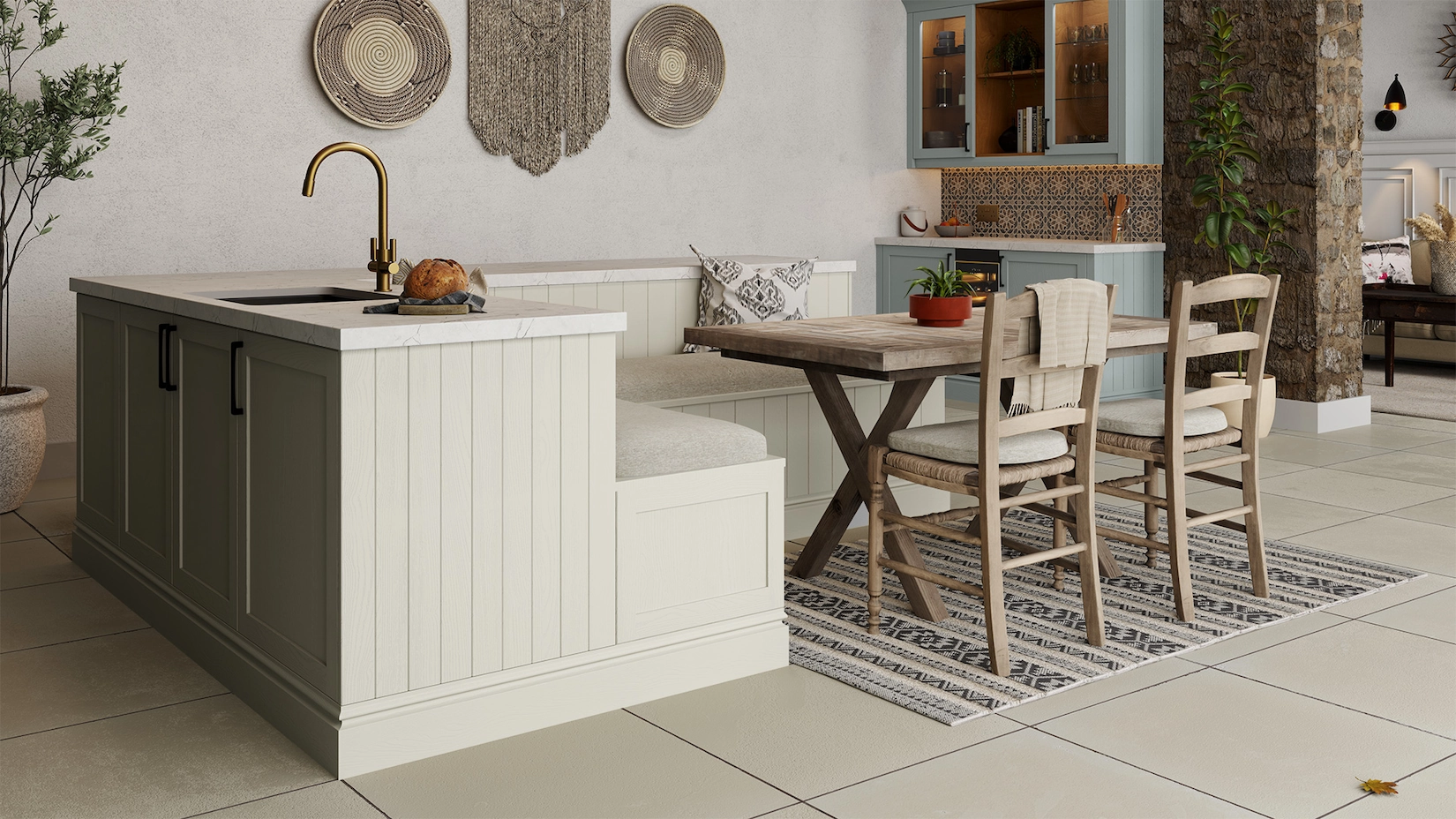 Shaker kitchen island with built-in dining bench