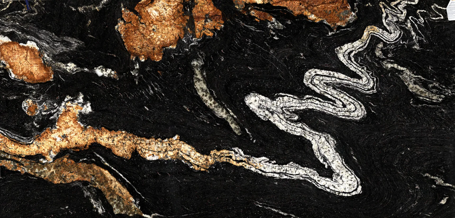 Orinoco black kitchen worktop with dramatic gold and copper veining