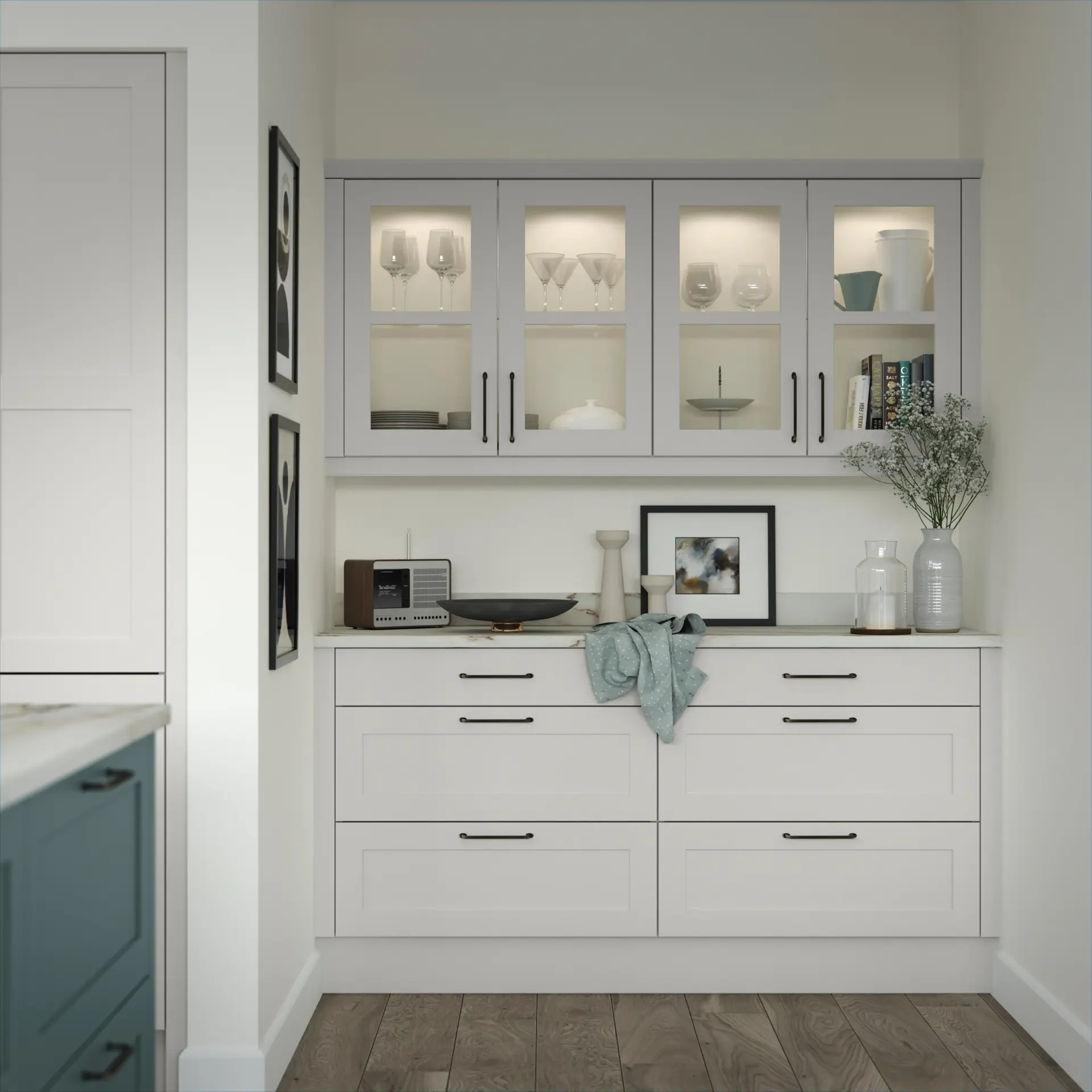 Fitted dresser with glazed lit cabinets and drawers