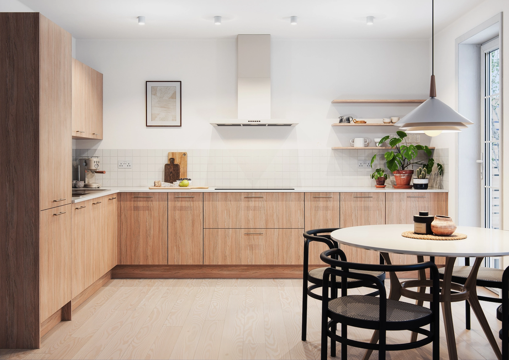 Timber slab kitchen with dining table and open shelving