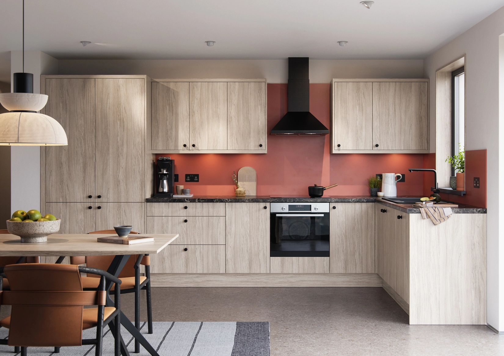 Timber slab kitchen with terracotta splashback and dining area