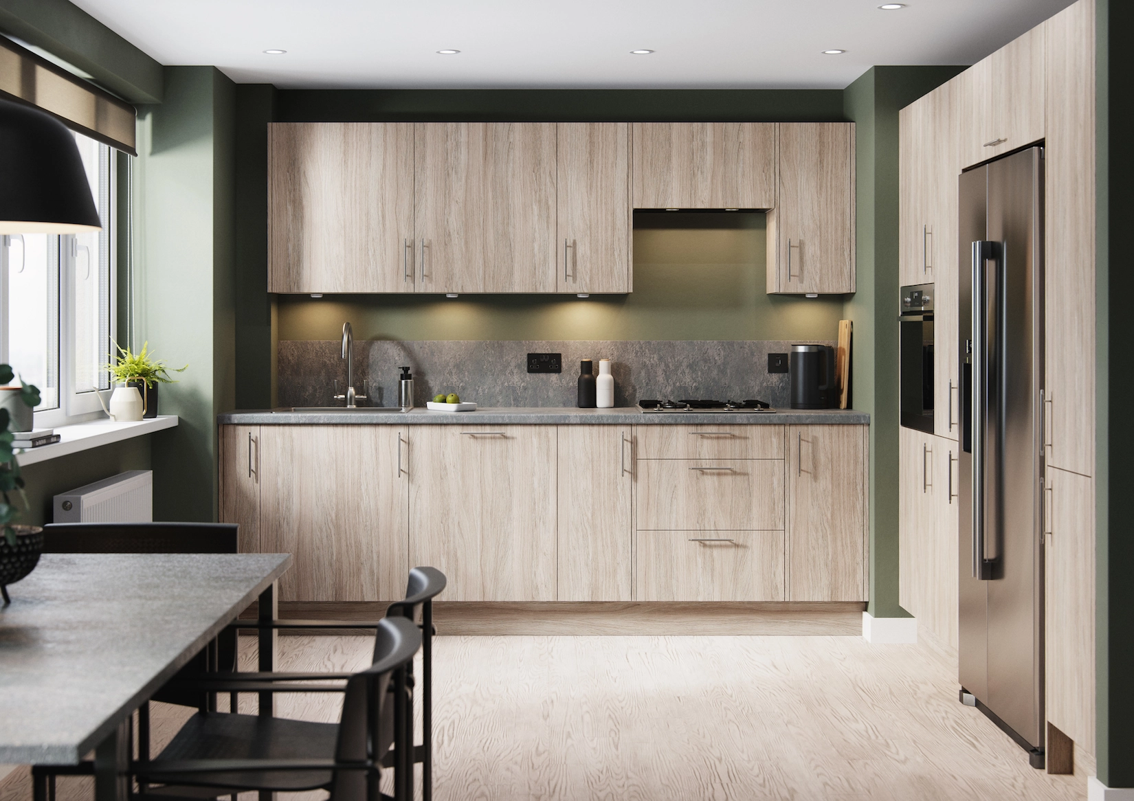 Timber slab kitchen with green walls and breakfast bar